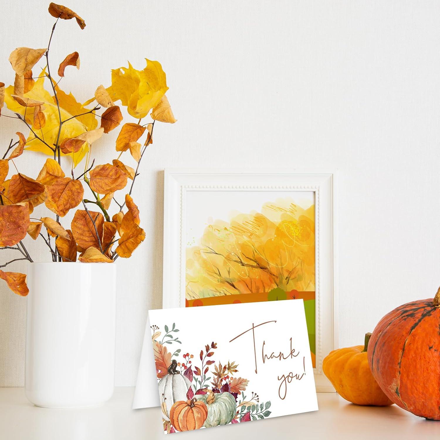 imageWhaline 50 Pack Fall Thank You Cards Bulk Boxed Watercolor Autumn Leaves Pumpkin Thank You Note Cards with Kraft Envelopes Sticker Thanksgiving Blank Greeting Card for Wedding Baby ShowerAutumn Leaves Pumpkin