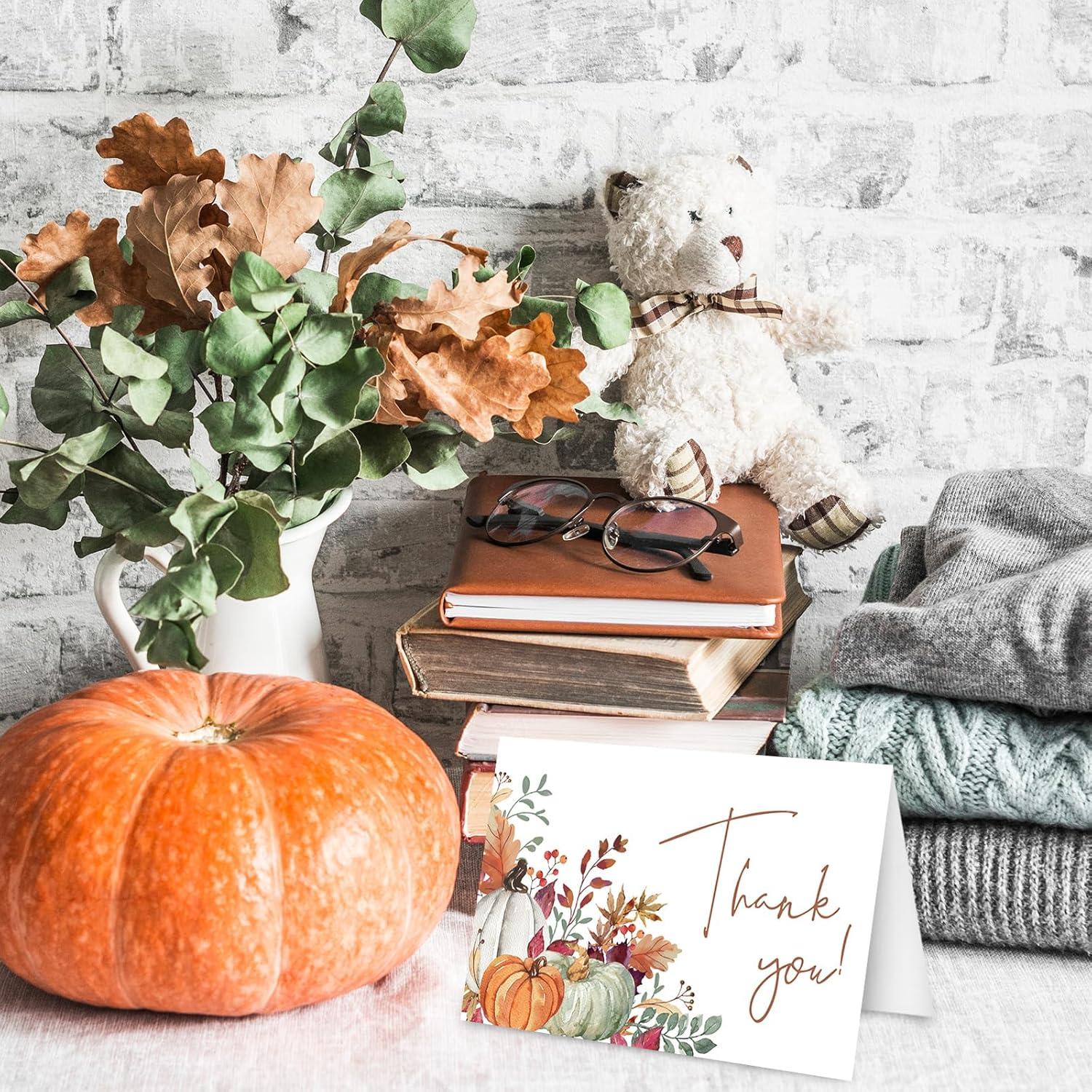 imageWhaline 50 Pack Fall Thank You Cards Bulk Boxed Watercolor Autumn Leaves Pumpkin Thank You Note Cards with Kraft Envelopes Sticker Thanksgiving Blank Greeting Card for Wedding Baby ShowerAutumn Leaves Pumpkin
