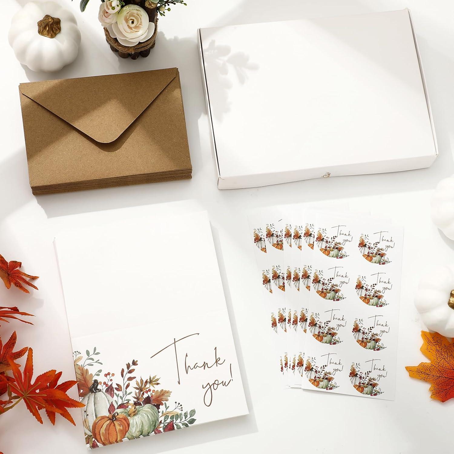 imageWhaline 50 Pack Fall Thank You Cards Bulk Boxed Watercolor Autumn Leaves Pumpkin Thank You Note Cards with Kraft Envelopes Sticker Thanksgiving Blank Greeting Card for Wedding Baby ShowerAutumn Leaves Pumpkin