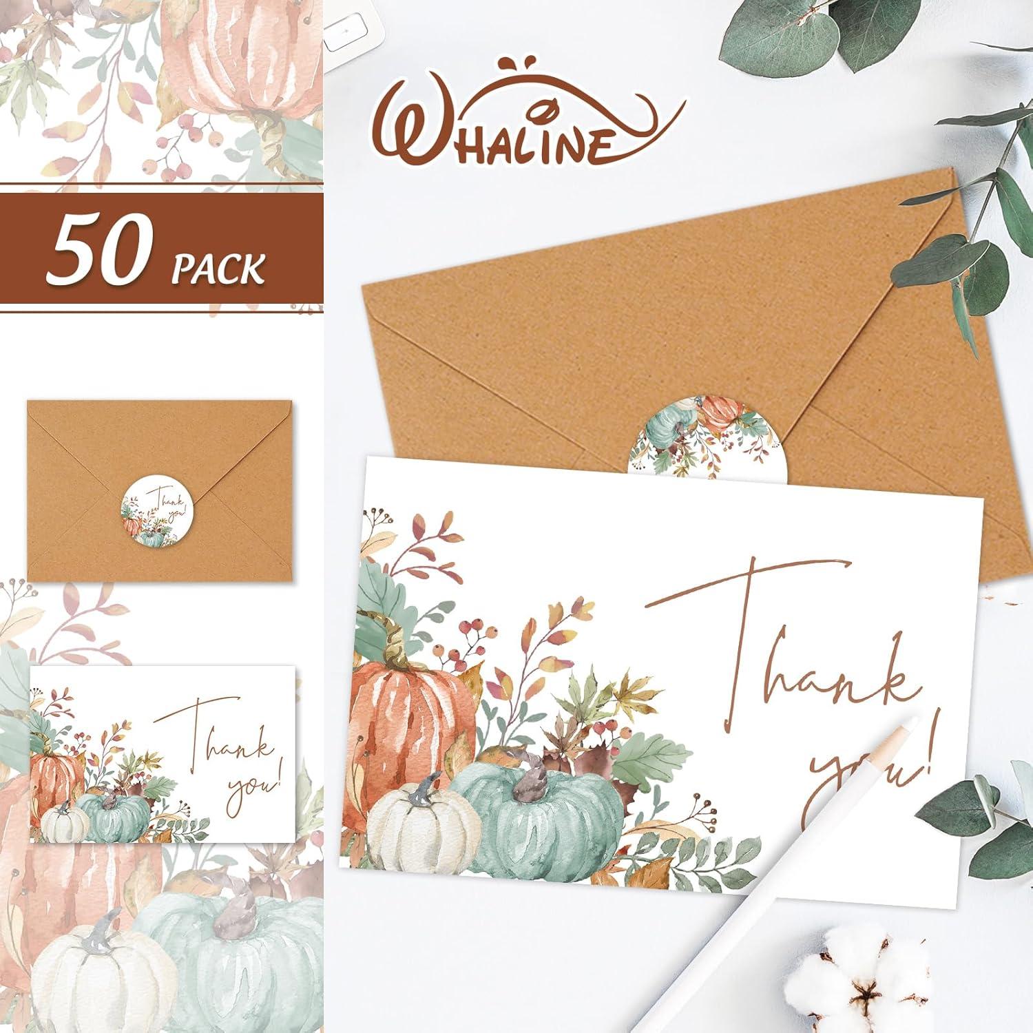 imageWhaline 50 Pack Fall Thank You Cards Bulk Boxed Watercolor Autumn Leaves Pumpkin Thank You Note Cards with Kraft Envelopes Sticker Thanksgiving Blank Greeting Card for Wedding Baby ShowerPumpkin