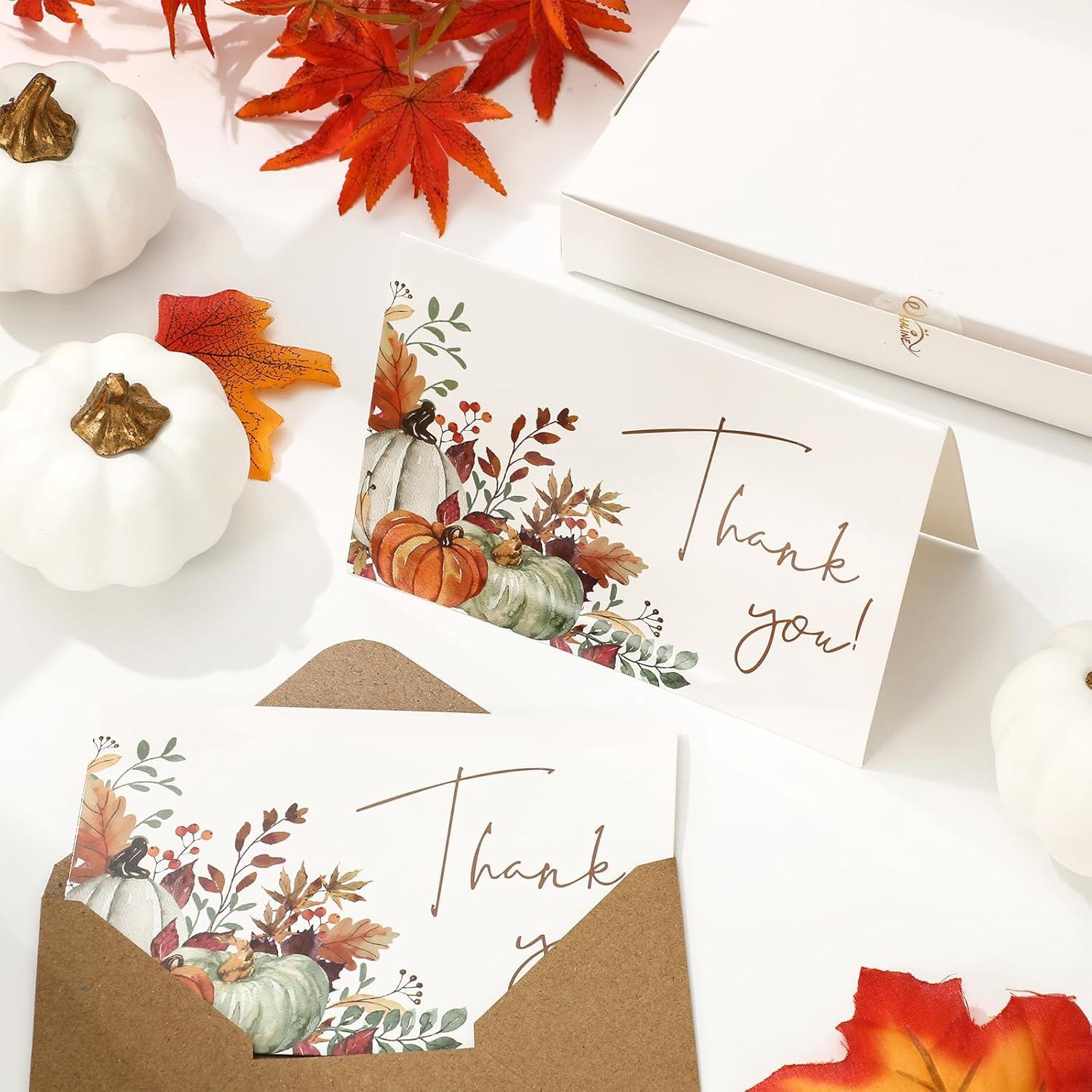 imageWhaline 50 Pack Fall Thank You Cards Bulk Boxed Watercolor Autumn Leaves Pumpkin Thank You Note Cards with Kraft Envelopes Sticker Thanksgiving Blank Greeting Card for Wedding Baby ShowerAutumn Leaves Pumpkin