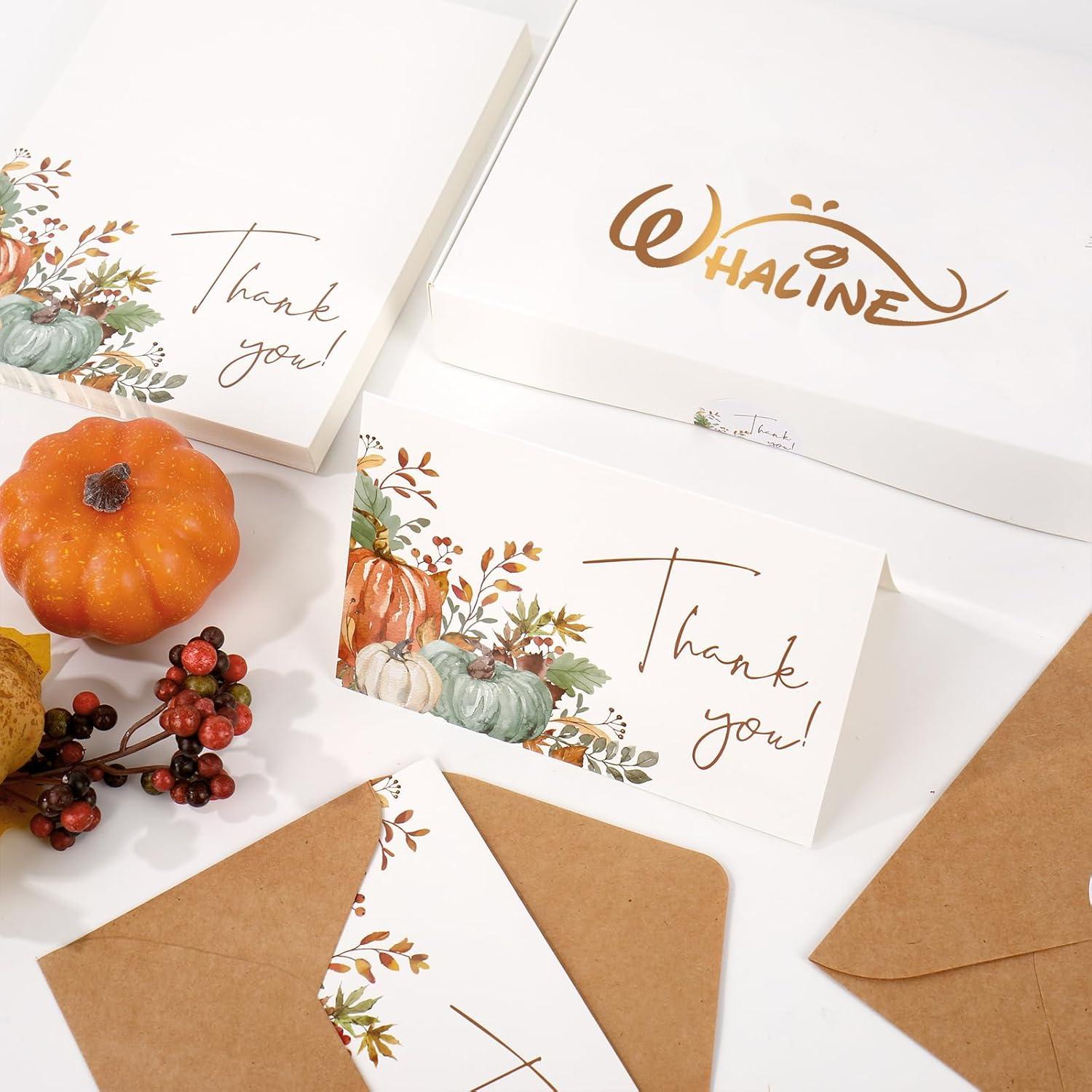 imageWhaline 50 Pack Fall Thank You Cards Bulk Boxed Watercolor Autumn Leaves Pumpkin Thank You Note Cards with Kraft Envelopes Sticker Thanksgiving Blank Greeting Card for Wedding Baby ShowerPumpkin