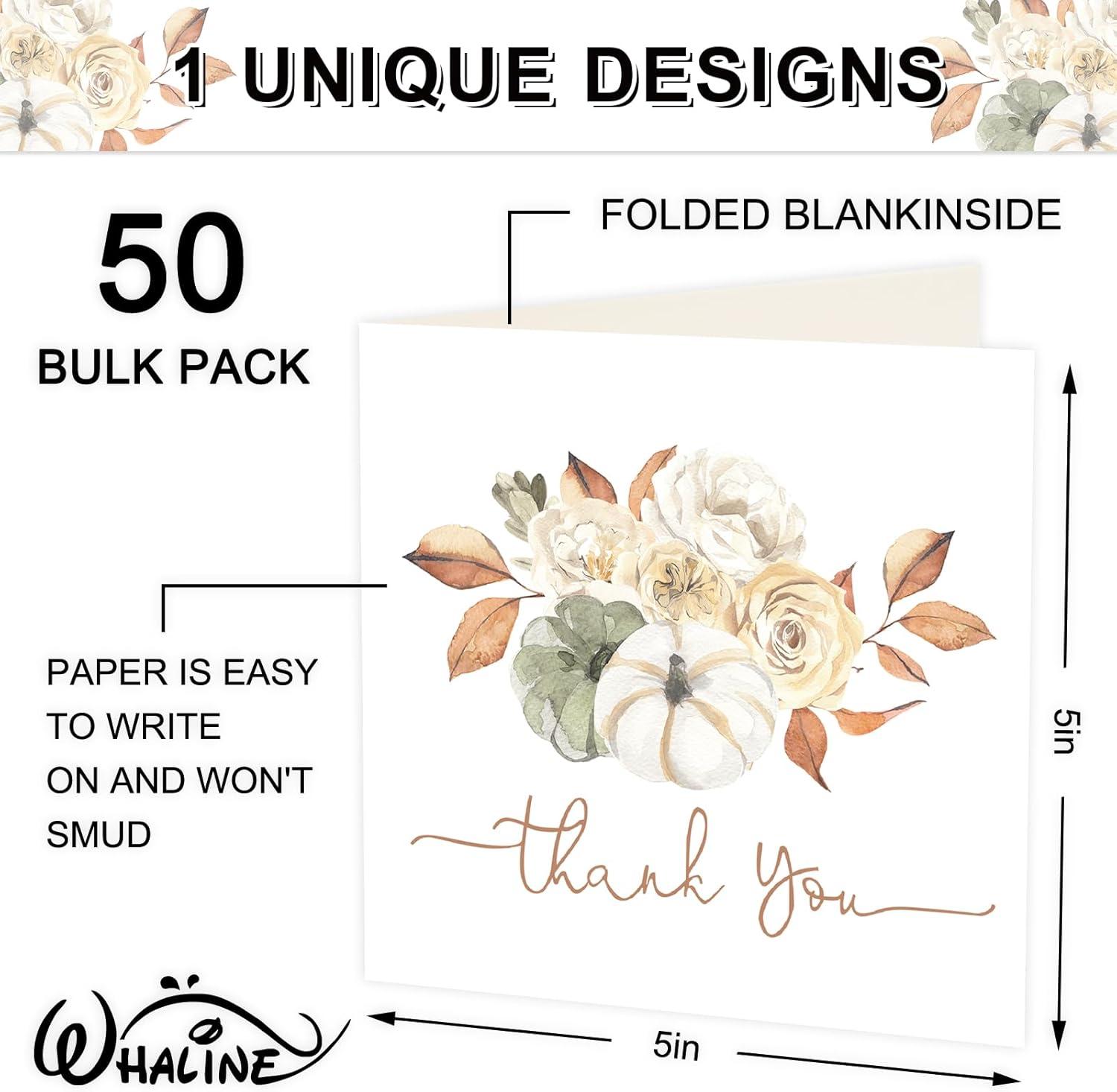 imageWhaline 50 Pack Fall Thank You Cards Bulk Watercolor Autumn Floral Pumpkin Note Cards with Envelopes Stickers Retro Blank Card for Thanksgiving Harvest Wedding Baby Bridal Shower5 x 5 inch