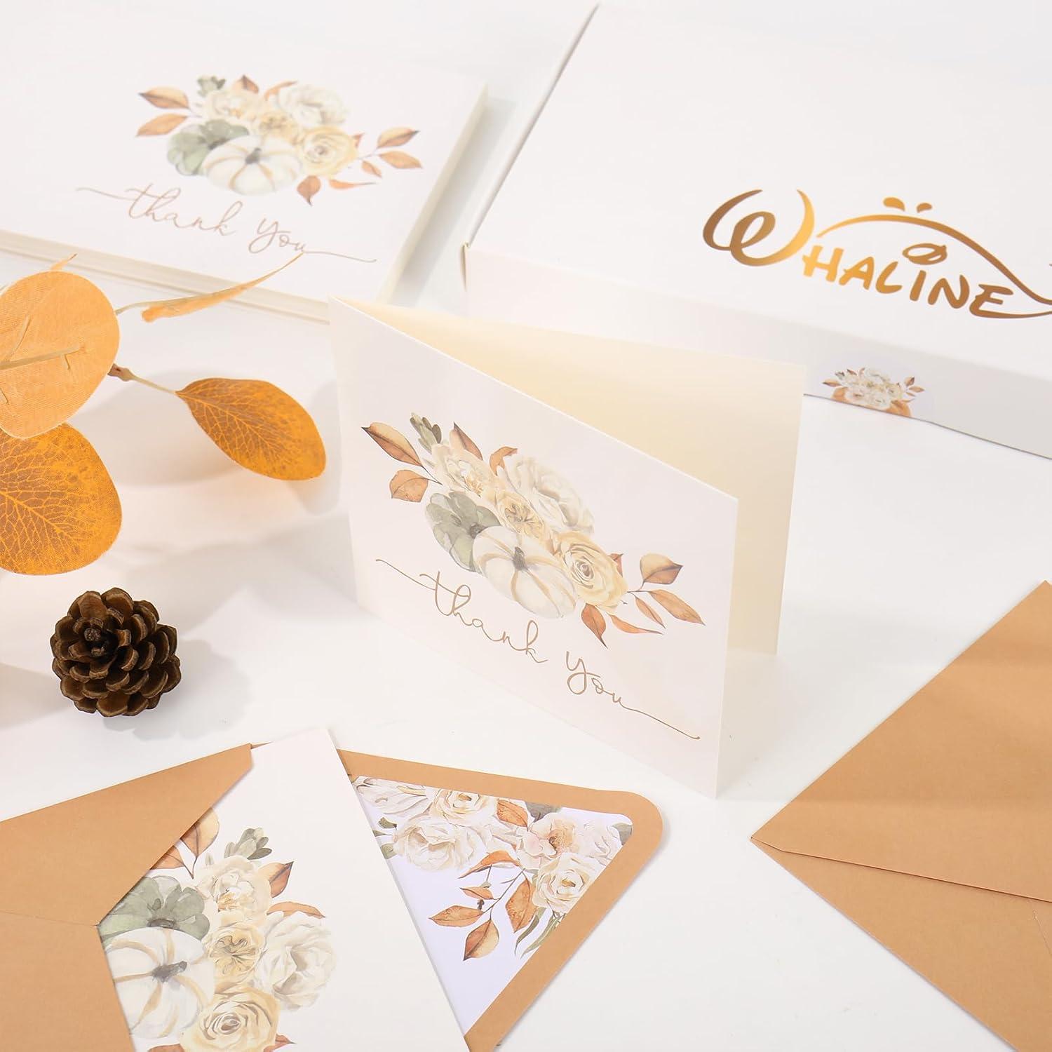 imageWhaline 50 Pack Fall Thank You Cards Bulk Watercolor Autumn Floral Pumpkin Note Cards with Envelopes Stickers Retro Blank Card for Thanksgiving Harvest Wedding Baby Bridal Shower5 x 5 inch