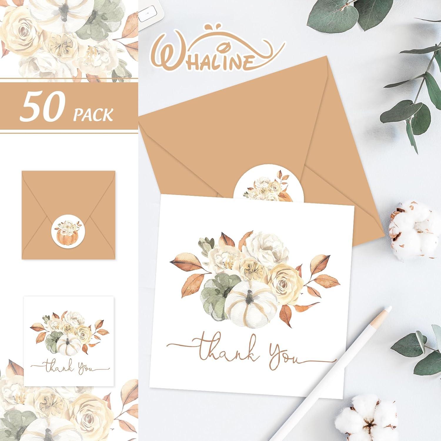 imageWhaline 50 Pack Fall Thank You Cards Bulk Watercolor Autumn Floral Pumpkin Note Cards with Envelopes Stickers Retro Blank Card for Thanksgiving Harvest Wedding Baby Bridal Shower5 x 5 inch