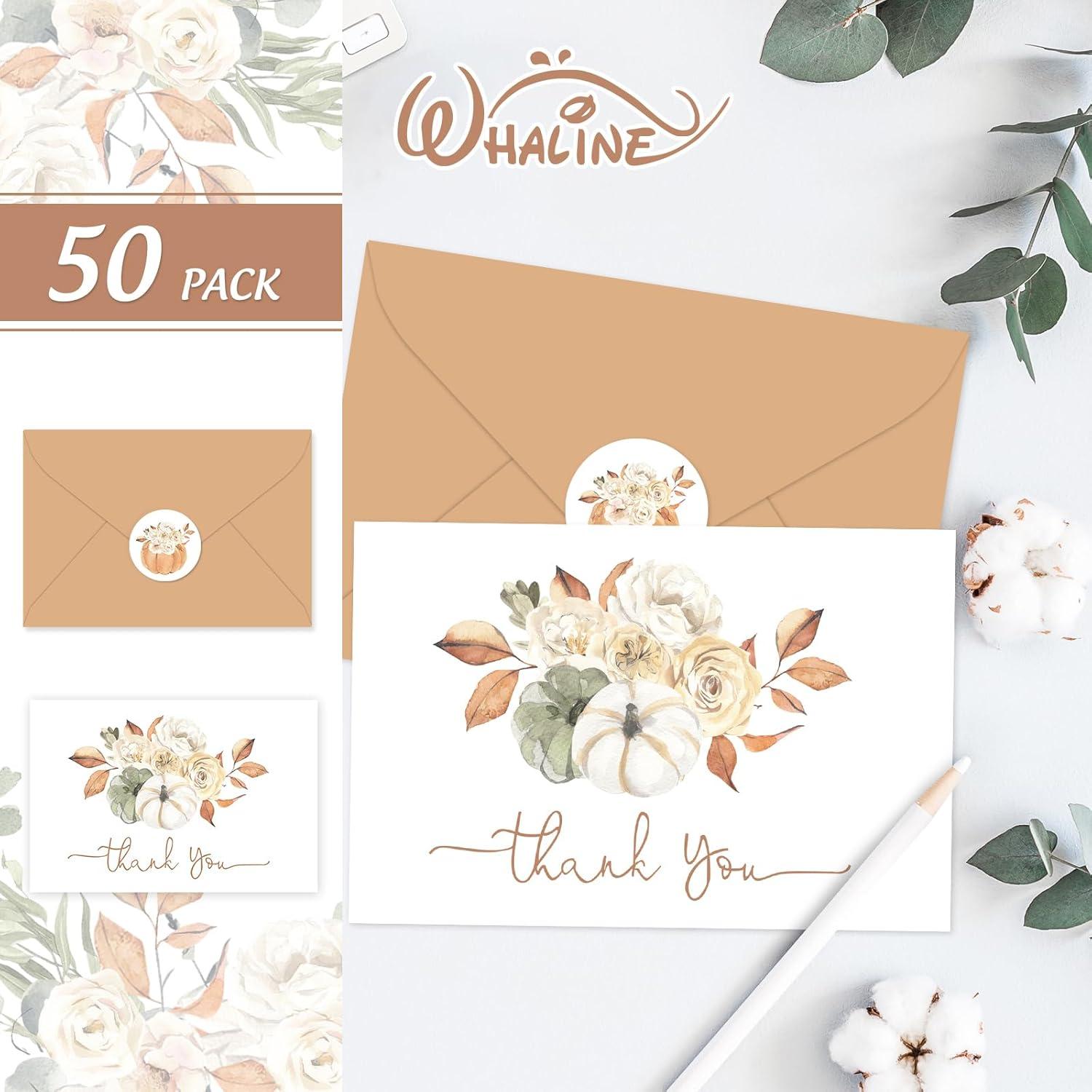 imageWhaline 50 Pack Fall Thank You Cards Bulk Watercolor Autumn Floral Pumpkin Note Cards with Envelopes Stickers Retro Blank Card for Thanksgiving Harvest Wedding Baby Bridal Shower4 x 6 inch