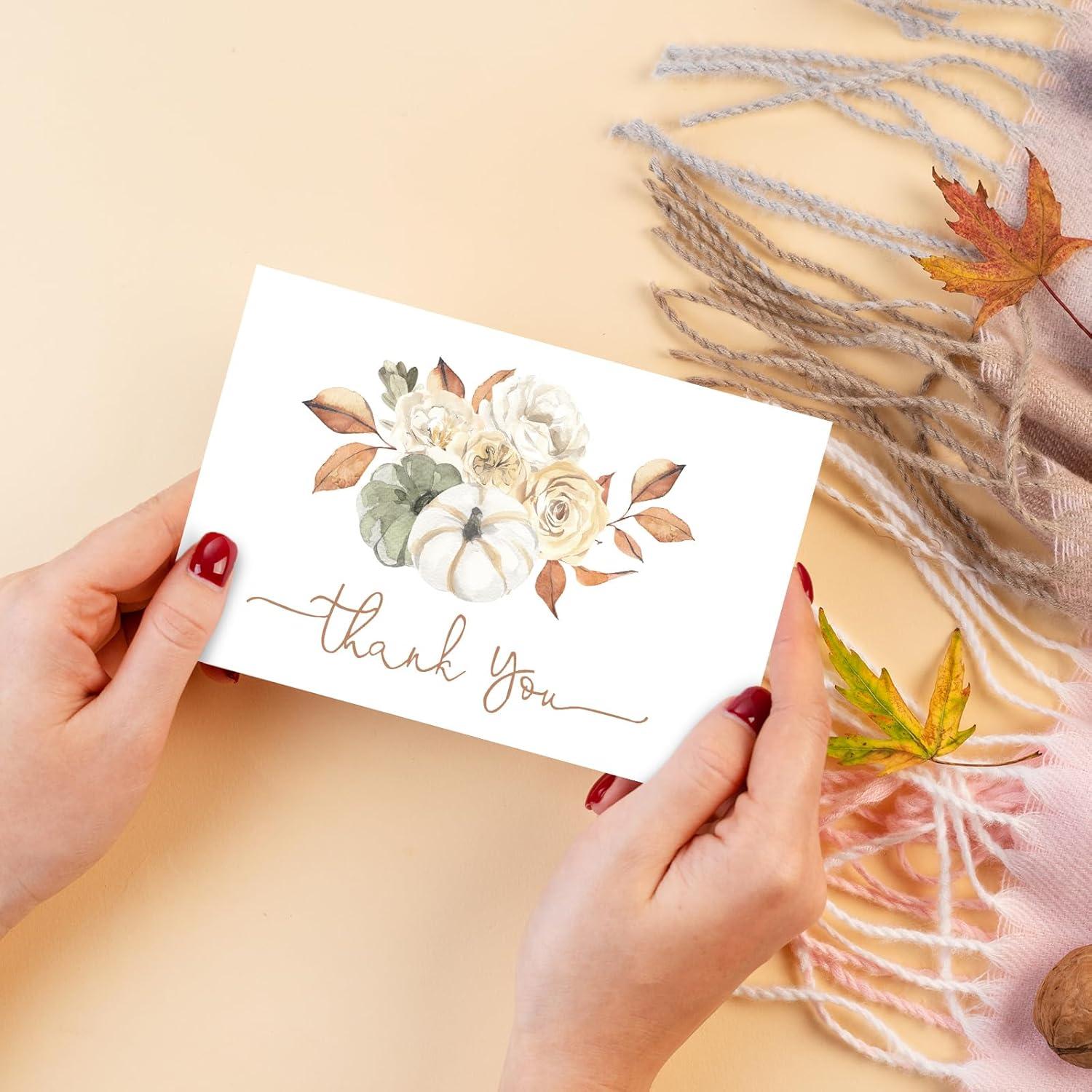 imageWhaline 50 Pack Fall Thank You Cards Bulk Watercolor Autumn Floral Pumpkin Note Cards with Envelopes Stickers Retro Blank Card for Thanksgiving Harvest Wedding Baby Bridal Shower4 x 6 inch