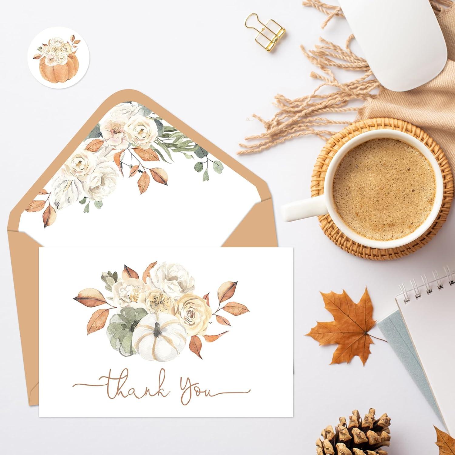 imageWhaline 50 Pack Fall Thank You Cards Bulk Watercolor Autumn Floral Pumpkin Note Cards with Envelopes Stickers Retro Blank Card for Thanksgiving Harvest Wedding Baby Bridal Shower4 x 6 inch