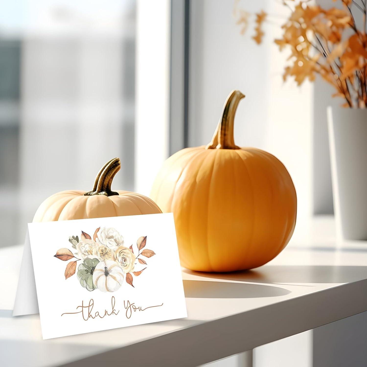 imageWhaline 50 Pack Fall Thank You Cards Bulk Watercolor Autumn Floral Pumpkin Note Cards with Envelopes Stickers Retro Blank Card for Thanksgiving Harvest Wedding Baby Bridal Shower4 x 6 inch