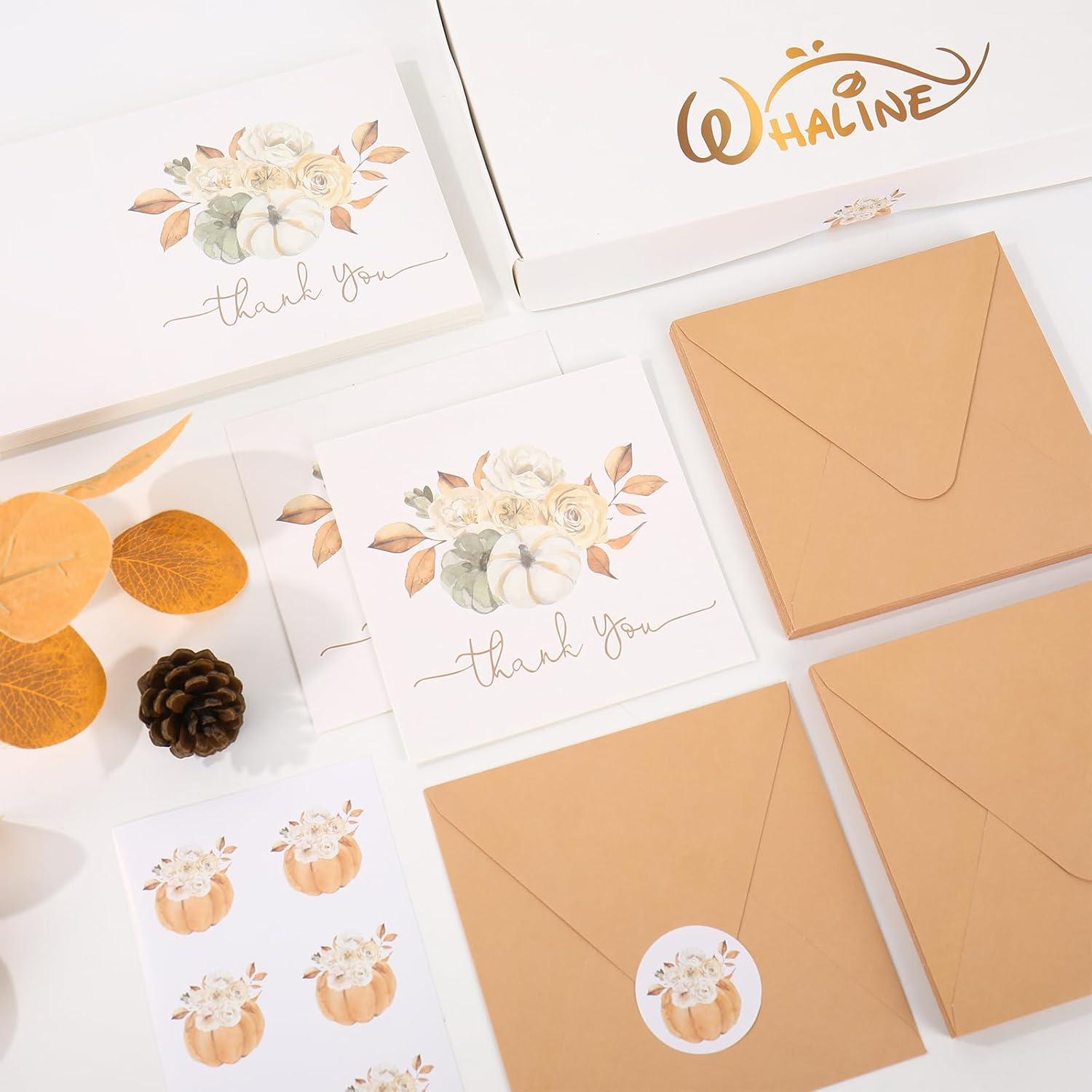 imageWhaline 50 Pack Fall Thank You Cards Bulk Watercolor Autumn Floral Pumpkin Note Cards with Envelopes Stickers Retro Blank Card for Thanksgiving Harvest Wedding Baby Bridal Shower5 x 5 inch