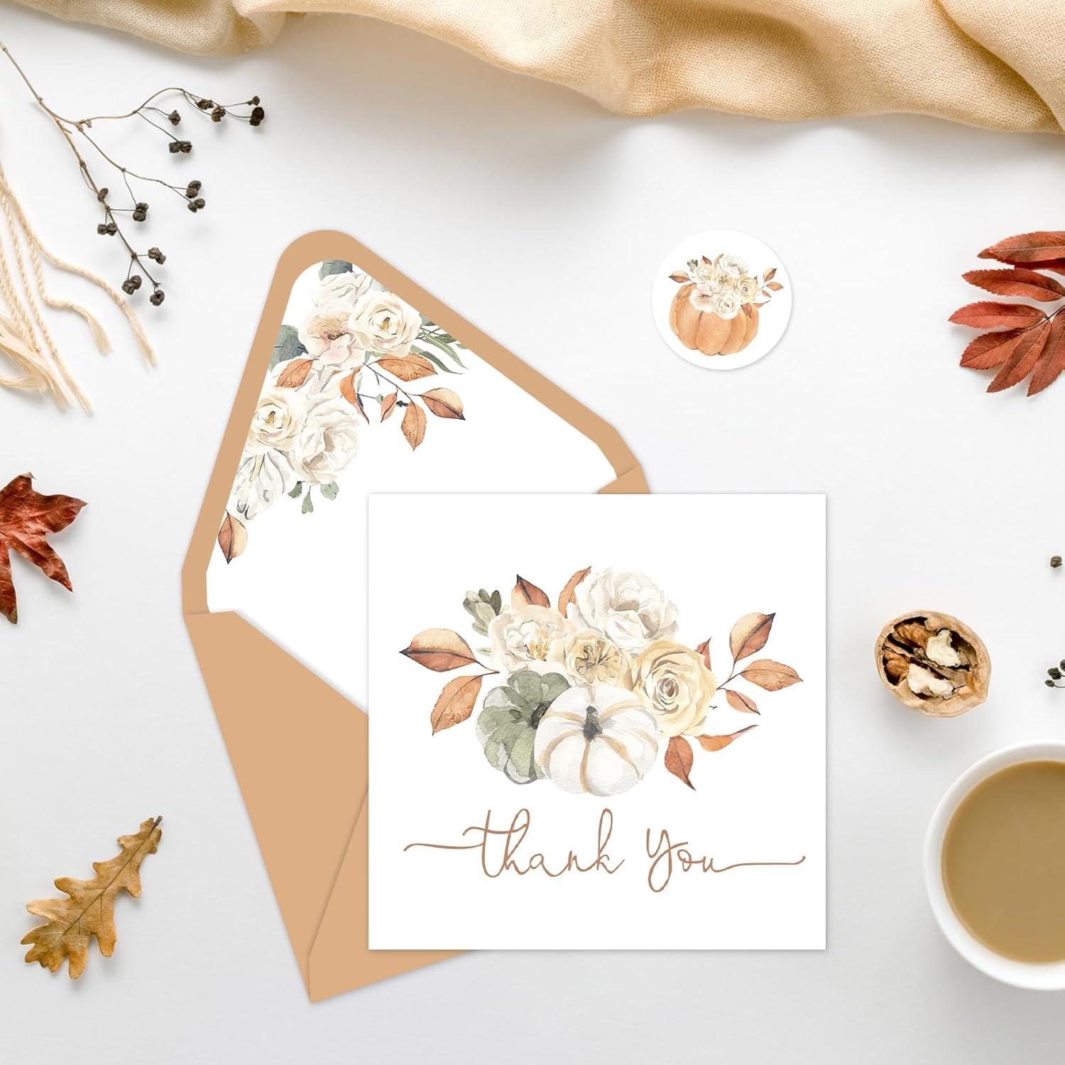 imageWhaline 50 Pack Fall Thank You Cards Bulk Watercolor Autumn Floral Pumpkin Note Cards with Envelopes Stickers Retro Blank Card for Thanksgiving Harvest Wedding Baby Bridal Shower5 x 5 inch