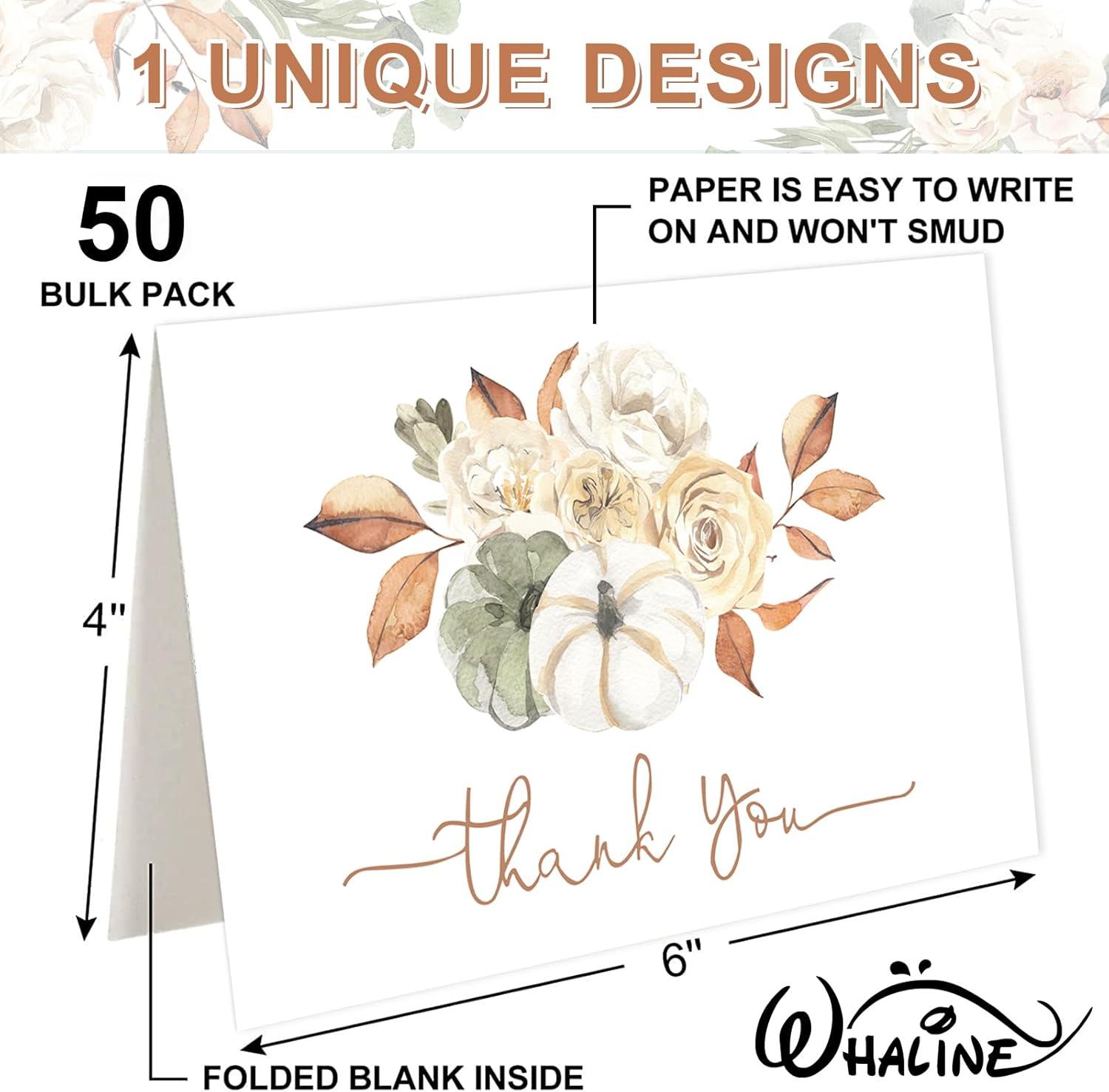 imageWhaline 50 Pack Fall Thank You Cards Bulk Watercolor Autumn Floral Pumpkin Note Cards with Envelopes Stickers Retro Blank Card for Thanksgiving Harvest Wedding Baby Bridal Shower4 x 6 inch