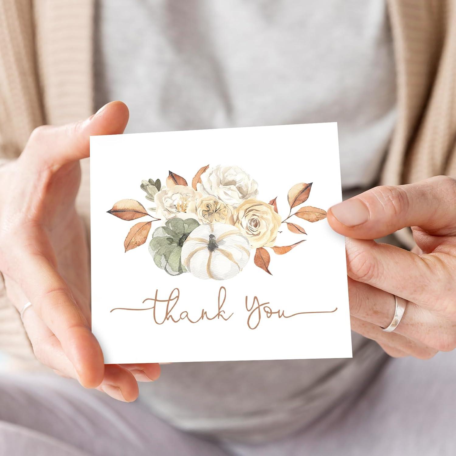 imageWhaline 50 Pack Fall Thank You Cards Bulk Watercolor Autumn Floral Pumpkin Note Cards with Envelopes Stickers Retro Blank Card for Thanksgiving Harvest Wedding Baby Bridal Shower5 x 5 inch
