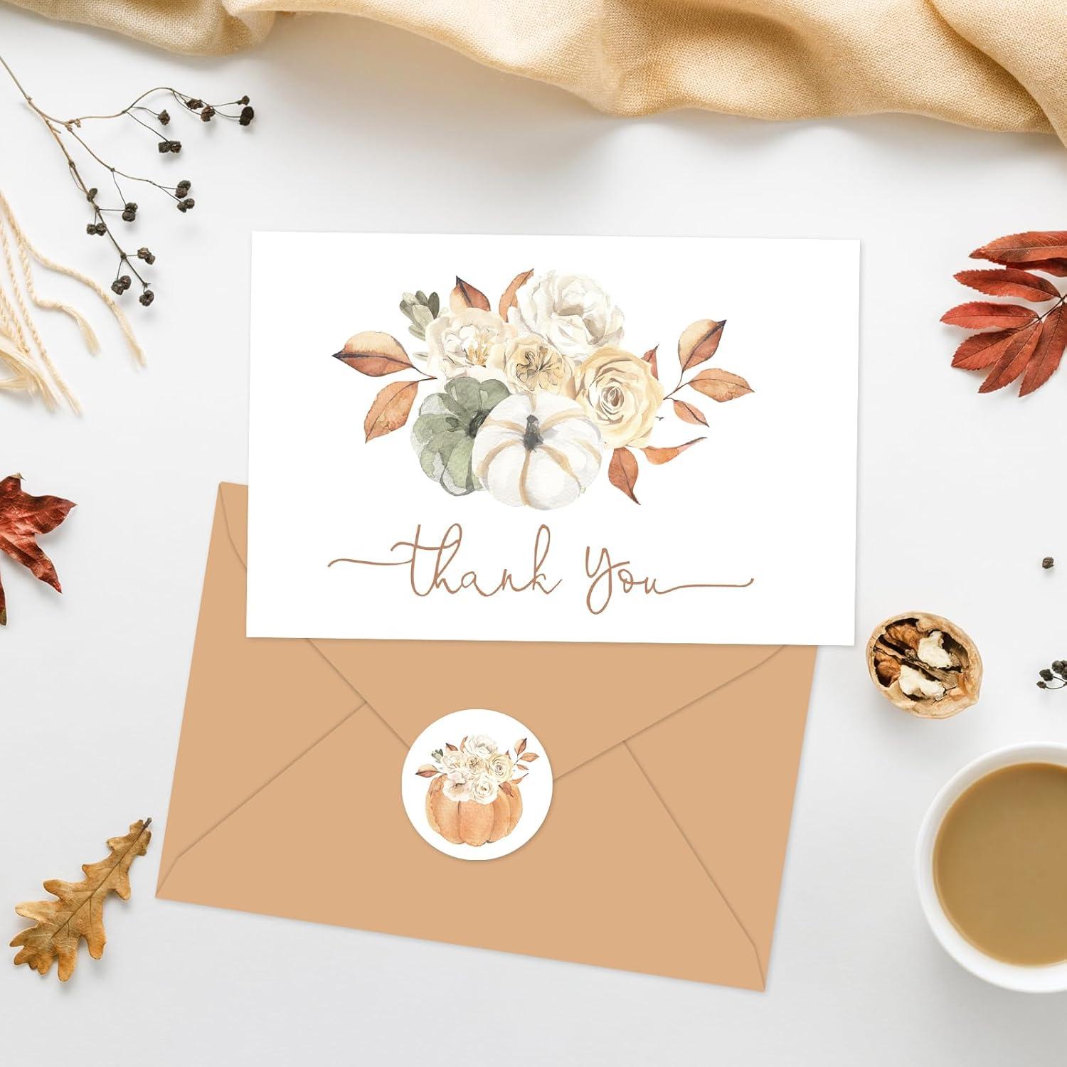 imageWhaline 50 Pack Fall Thank You Cards Bulk Watercolor Autumn Floral Pumpkin Note Cards with Envelopes Stickers Retro Blank Card for Thanksgiving Harvest Wedding Baby Bridal Shower4 x 6 inch