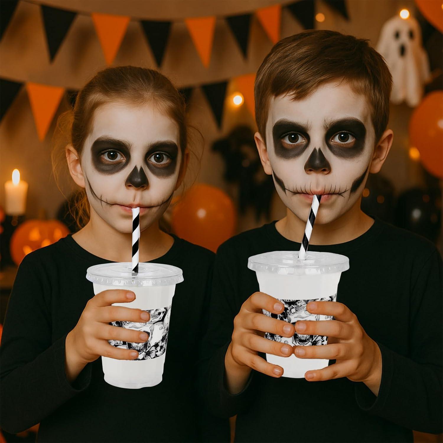 imageWhaline 50Pcs 12Oz Halloween Disposable Plastic Cups with Lids and Straws Black Gothic Sketch Skull Floral Cold Beverage Drinking Cups for Trick or Treat Party SuppliesSketch Skull