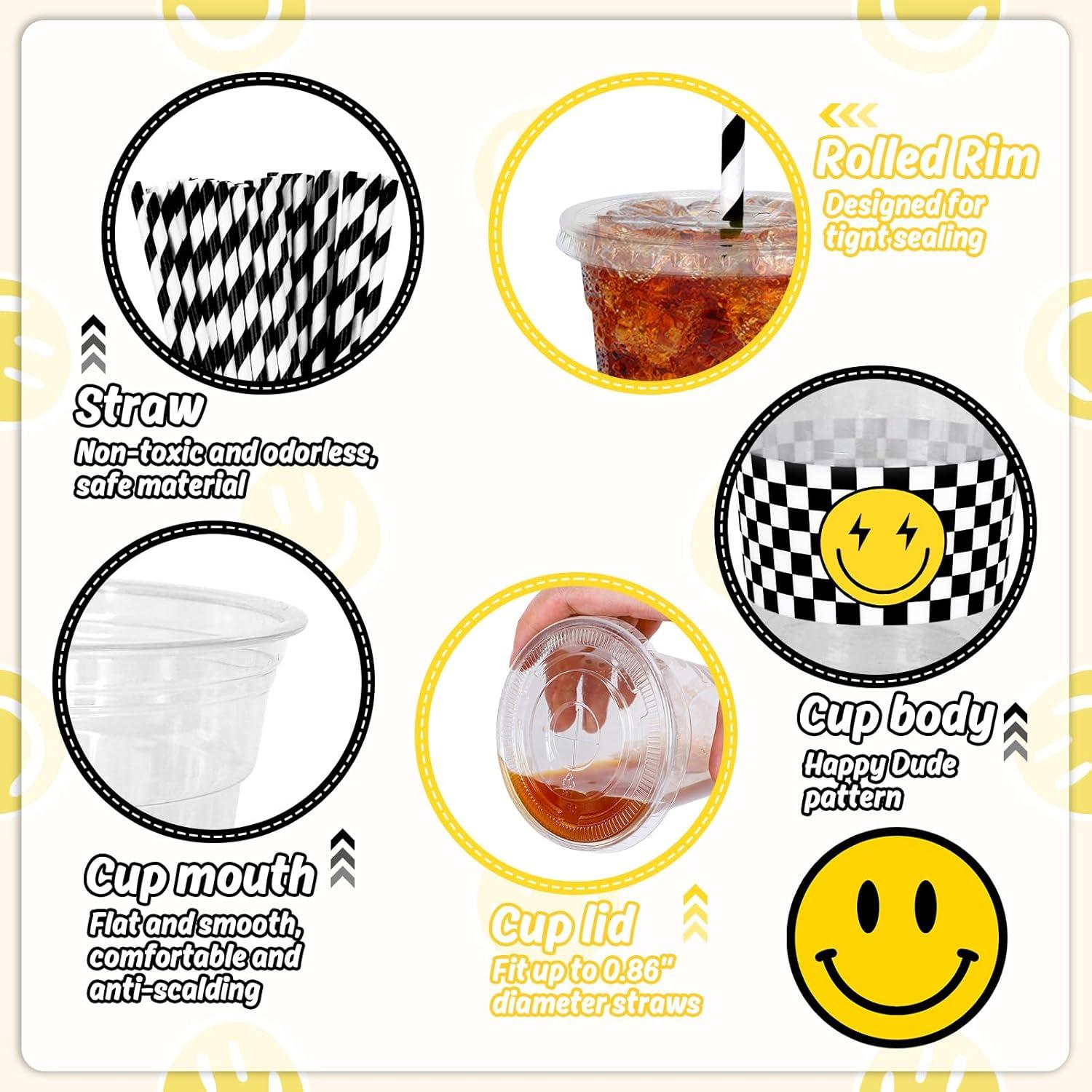 imageWhaline 50Pcs 12Oz Halloween Disposable Plastic Cups with Lids and Straws Black Gothic Sketch Skull Floral Cold Beverage Drinking Cups for Trick or Treat Party SuppliesCheckered Smile