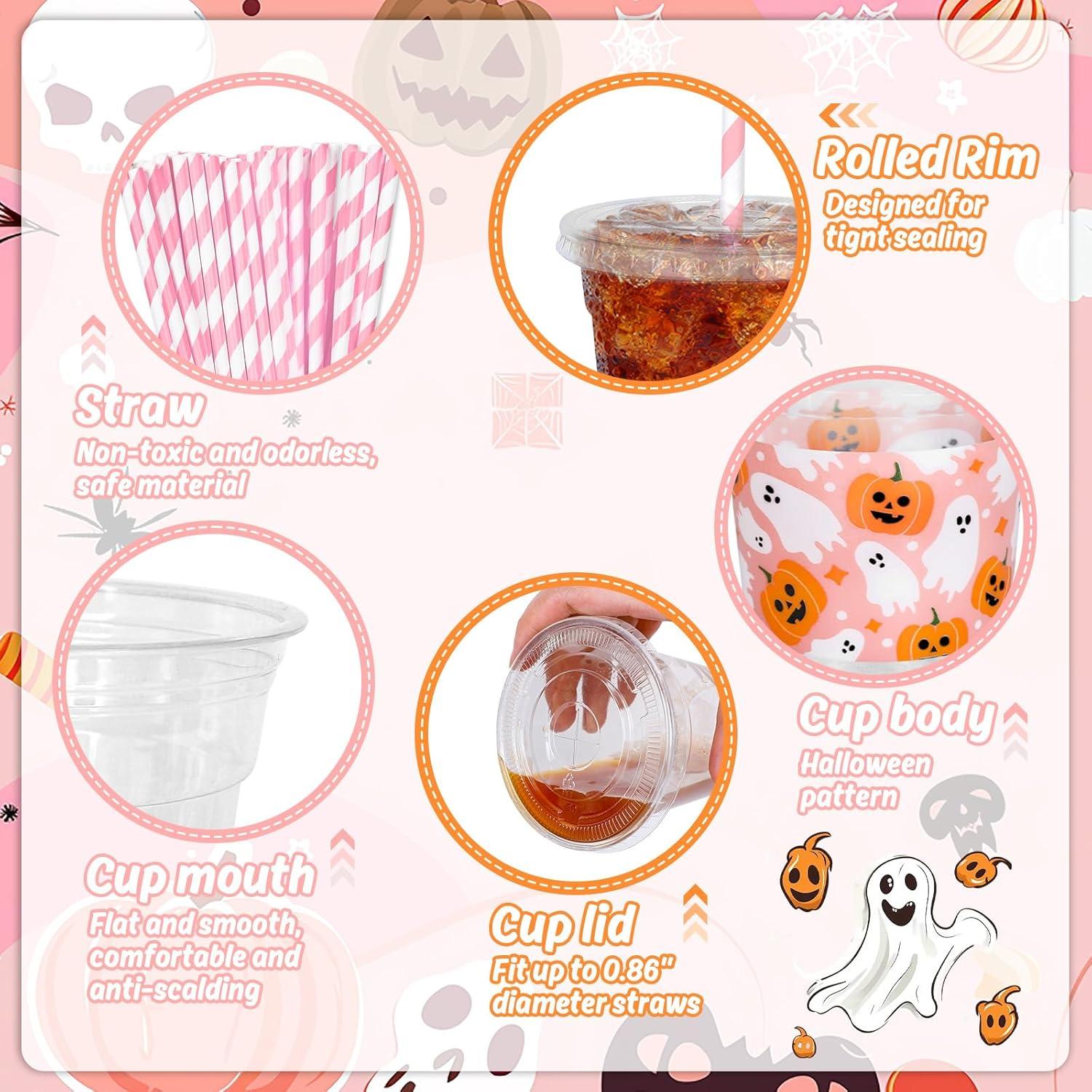 imageWhaline 50Pcs 12Oz Halloween Disposable Plastic Cups with Lids and Straws Black Gothic Sketch Skull Floral Cold Beverage Drinking Cups for Trick or Treat Party SuppliesPink Halloween