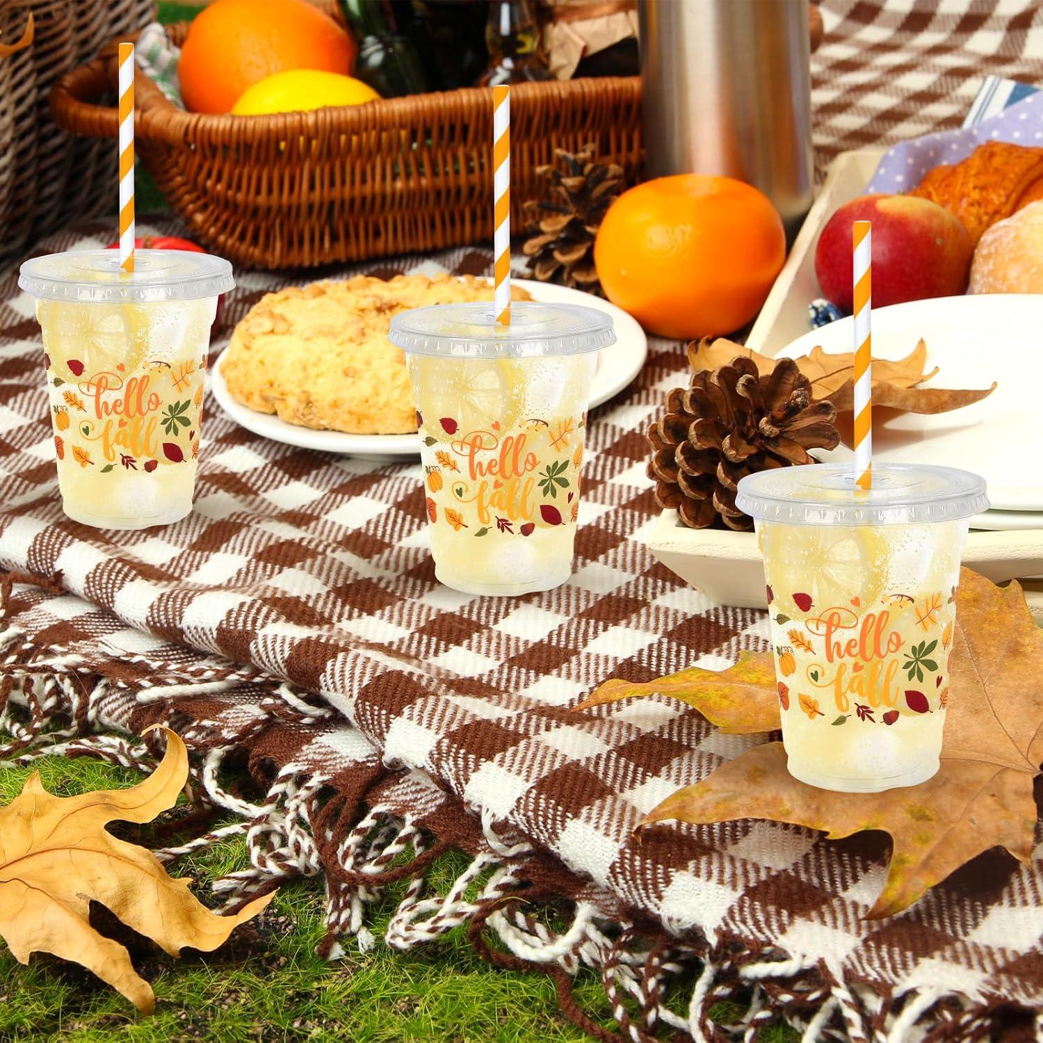 imageWhaline 50Pcs 12Oz Halloween Disposable Plastic Cups with Lids and Straws Black Gothic Sketch Skull Floral Cold Beverage Drinking Cups for Trick or Treat Party SuppliesHello Fall