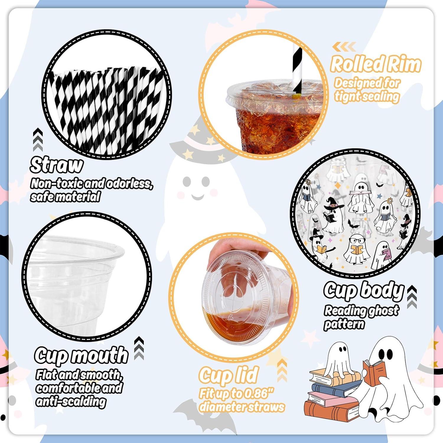 imageWhaline 50Pcs 12Oz Halloween Disposable Plastic Cups with Lids and Straws Black Gothic Sketch Skull Floral Cold Beverage Drinking Cups for Trick or Treat Party SuppliesGhost Reading