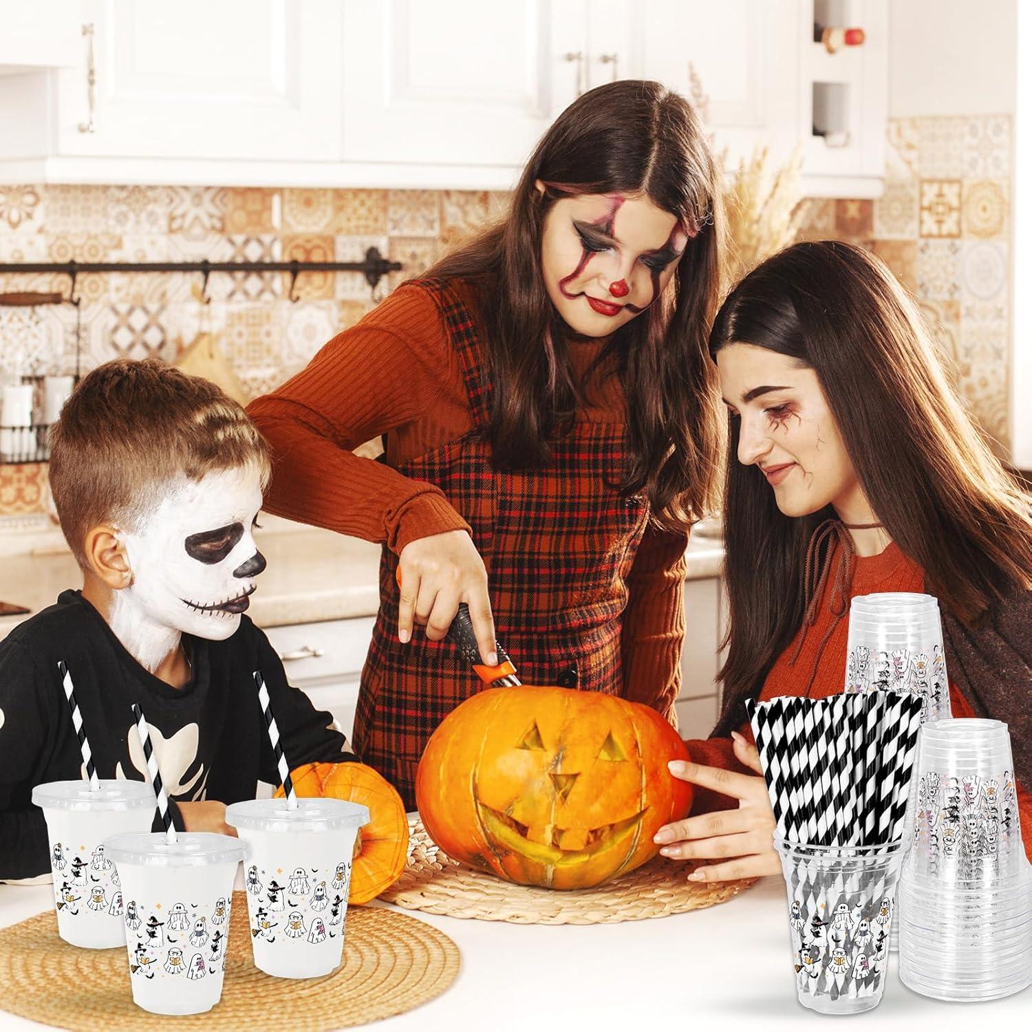 imageWhaline 50Pcs 12Oz Halloween Disposable Plastic Cups with Lids and Straws Black Gothic Sketch Skull Floral Cold Beverage Drinking Cups for Trick or Treat Party SuppliesGhost Reading