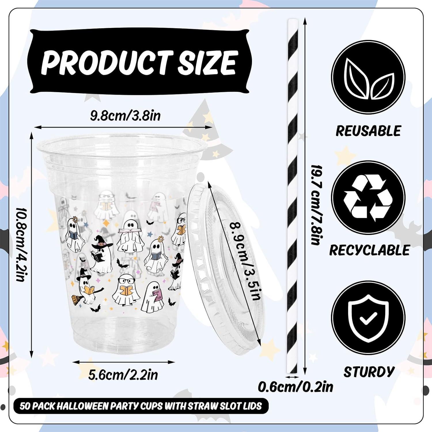 imageWhaline 50Pcs 12Oz Halloween Disposable Plastic Cups with Lids and Straws Black Gothic Sketch Skull Floral Cold Beverage Drinking Cups for Trick or Treat Party SuppliesGhost Reading