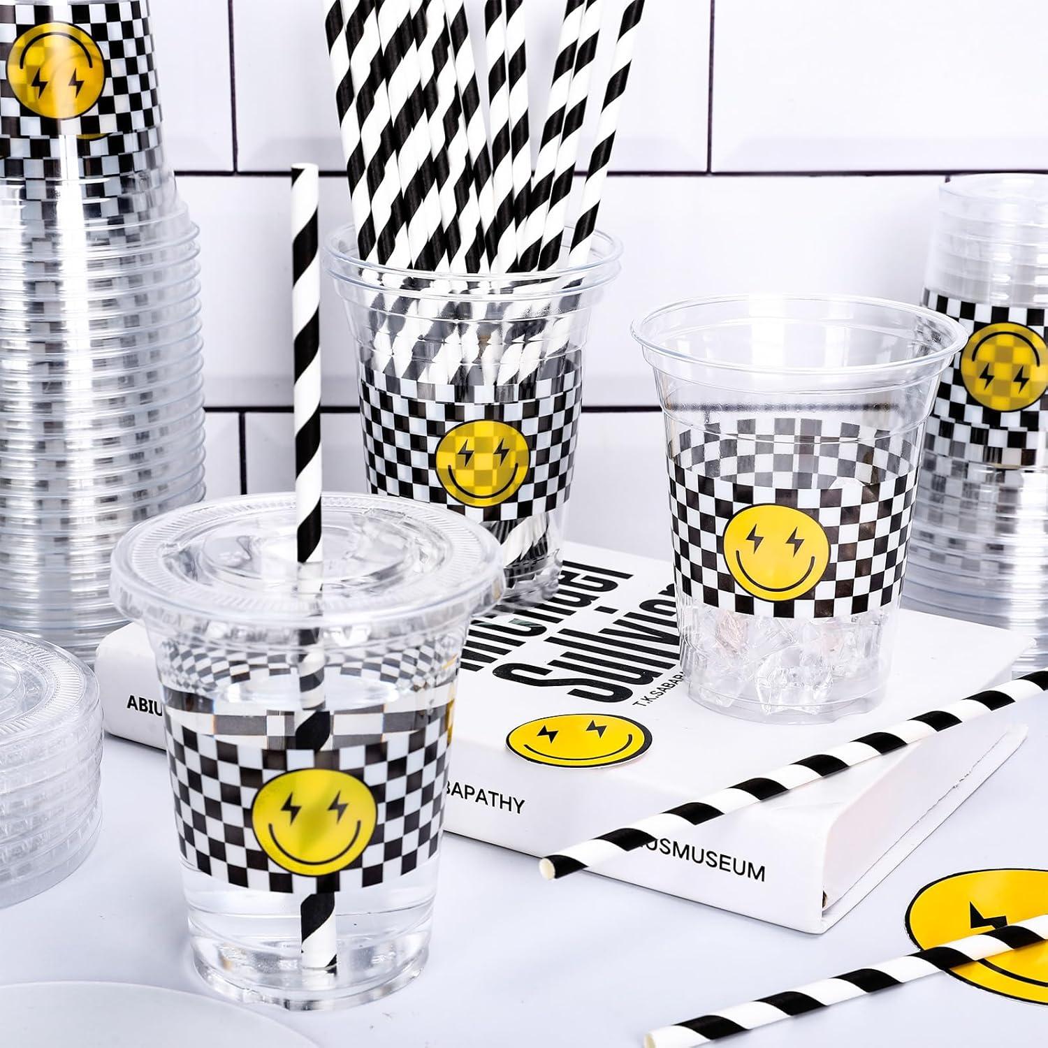 imageWhaline 50Pcs 12Oz Halloween Disposable Plastic Cups with Lids and Straws Black Gothic Sketch Skull Floral Cold Beverage Drinking Cups for Trick or Treat Party SuppliesCheckered Smile