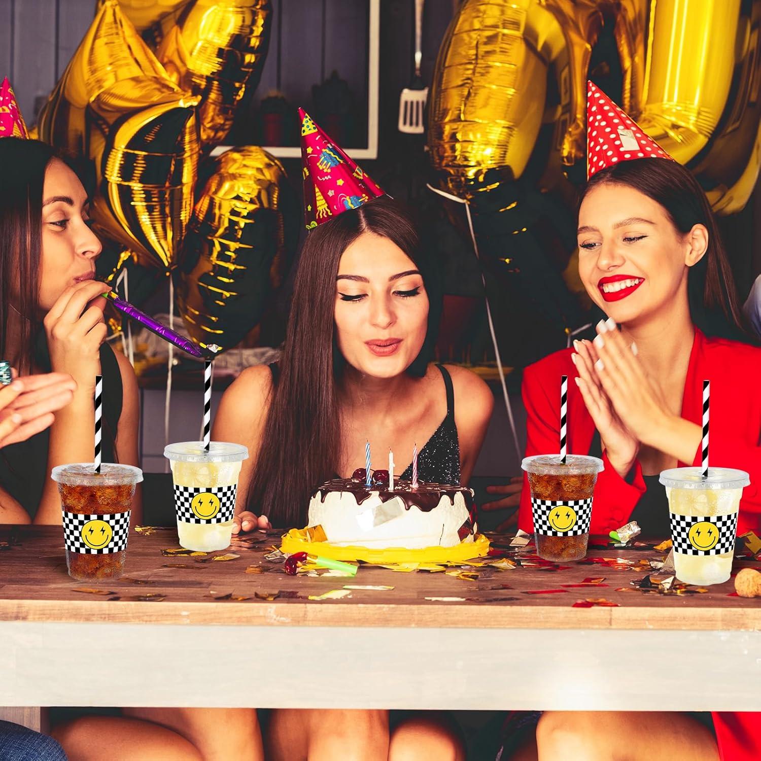 imageWhaline 50Pcs 12Oz Halloween Disposable Plastic Cups with Lids and Straws Black Gothic Sketch Skull Floral Cold Beverage Drinking Cups for Trick or Treat Party SuppliesCheckered Smile