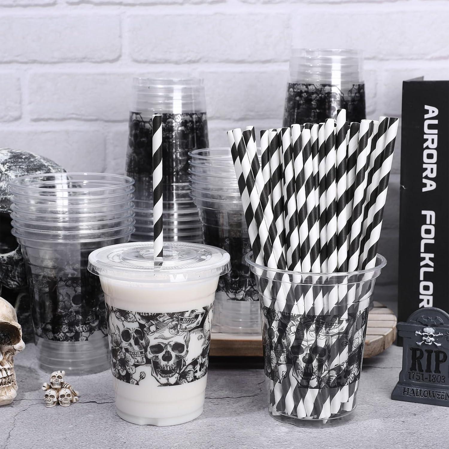 imageWhaline 50Pcs 12Oz Halloween Disposable Plastic Cups with Lids and Straws Black Gothic Sketch Skull Floral Cold Beverage Drinking Cups for Trick or Treat Party SuppliesSketch Skull