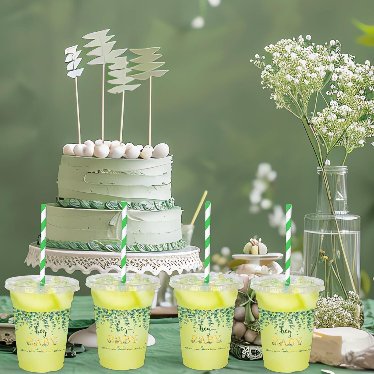 imageWhaline 50Pcs 12Oz Halloween Disposable Plastic Cups with Lids and Straws Black Gothic Sketch Skull Floral Cold Beverage Drinking Cups for Trick or Treat Party SuppliesGreen Leaves