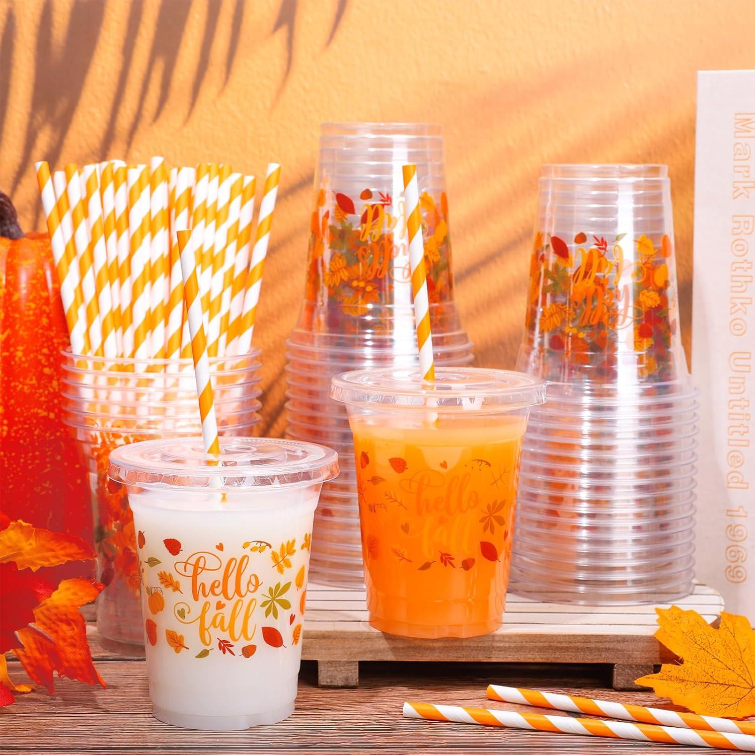 imageWhaline 50Pcs 12Oz Halloween Disposable Plastic Cups with Lids and Straws Black Gothic Sketch Skull Floral Cold Beverage Drinking Cups for Trick or Treat Party SuppliesHello Fall