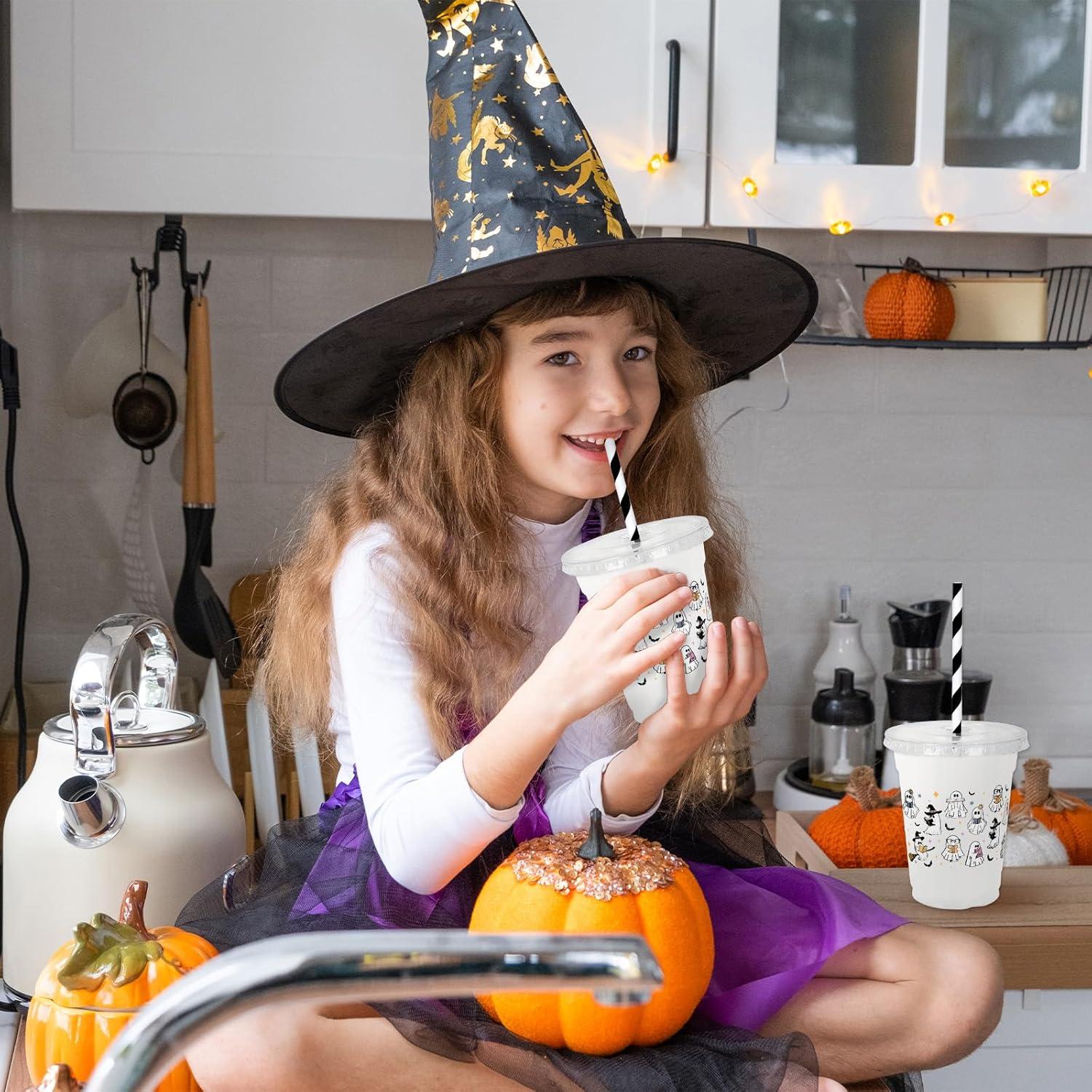 imageWhaline 50Pcs 12Oz Halloween Disposable Plastic Cups with Lids and Straws Black Gothic Sketch Skull Floral Cold Beverage Drinking Cups for Trick or Treat Party SuppliesGhost Reading