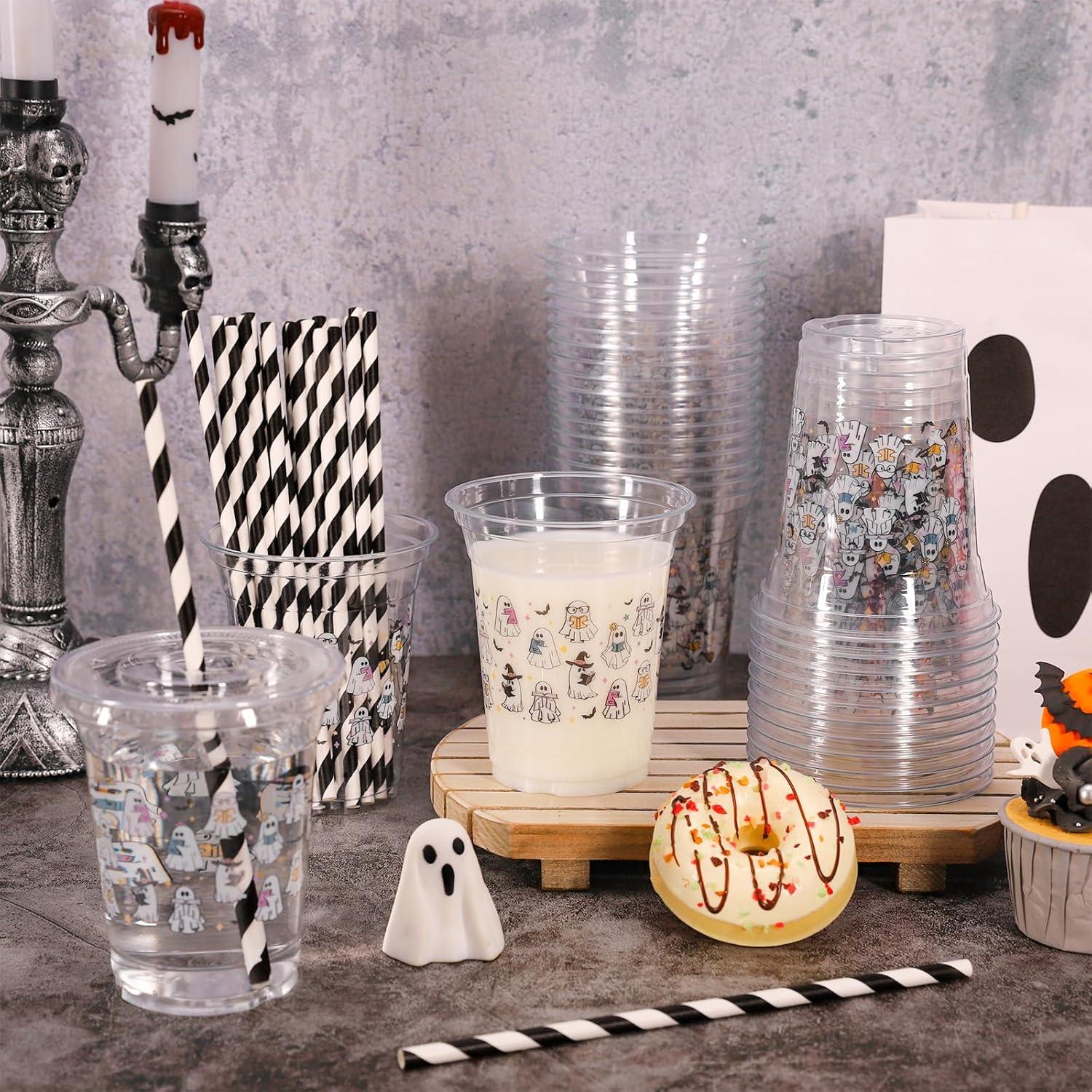 imageWhaline 50Pcs 12Oz Halloween Disposable Plastic Cups with Lids and Straws Black Gothic Sketch Skull Floral Cold Beverage Drinking Cups for Trick or Treat Party SuppliesGhost Reading