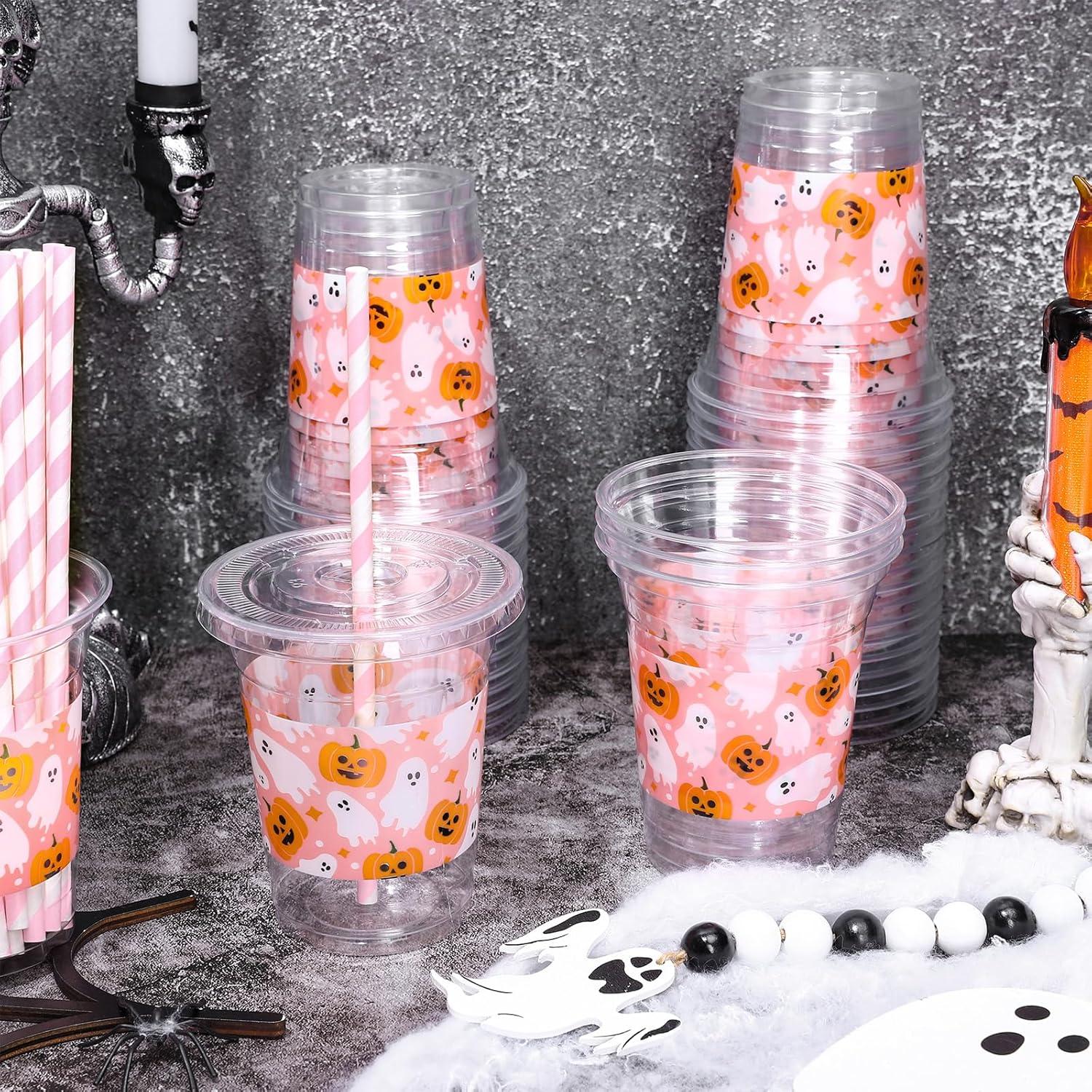imageWhaline 50Pcs 12Oz Halloween Disposable Plastic Cups with Lids and Straws Black Gothic Sketch Skull Floral Cold Beverage Drinking Cups for Trick or Treat Party SuppliesPink Halloween