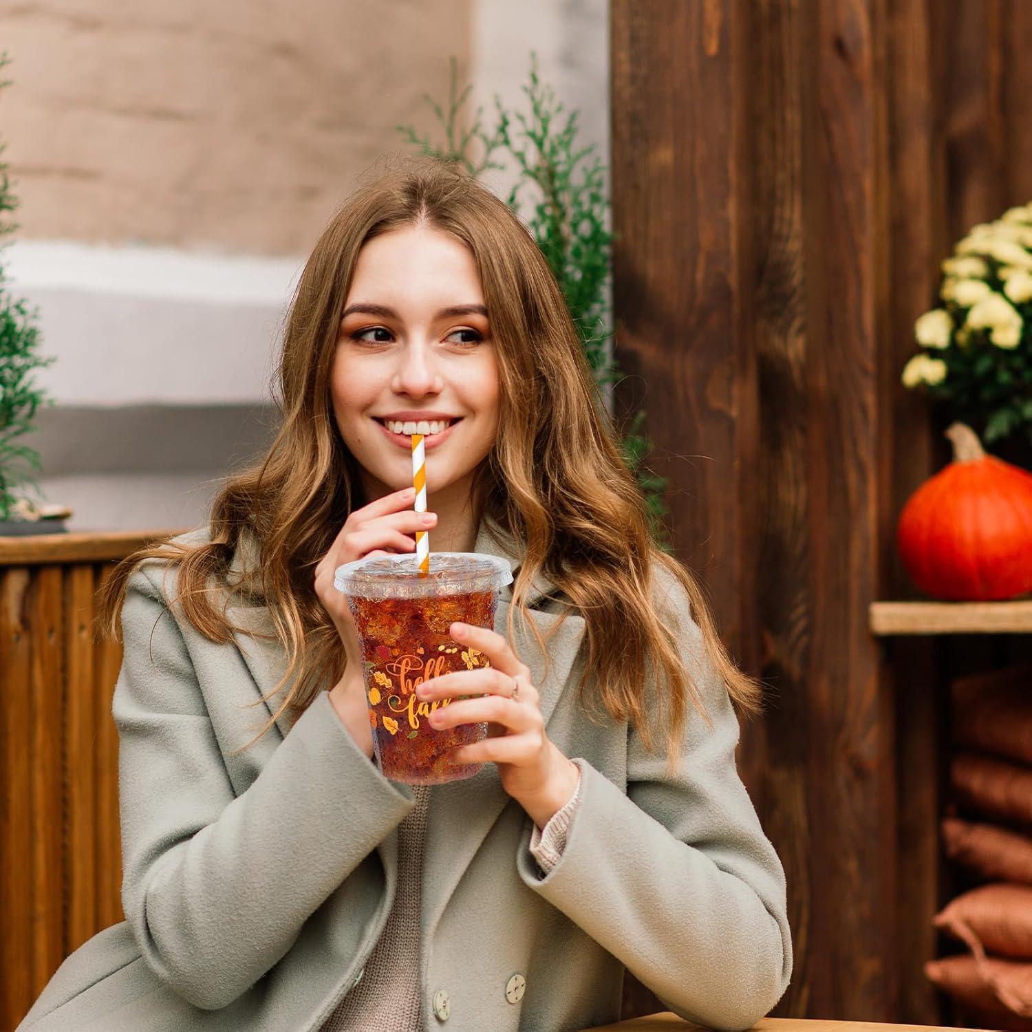 imageWhaline 50Pcs 12Oz Halloween Disposable Plastic Cups with Lids and Straws Black Gothic Sketch Skull Floral Cold Beverage Drinking Cups for Trick or Treat Party SuppliesHello Fall