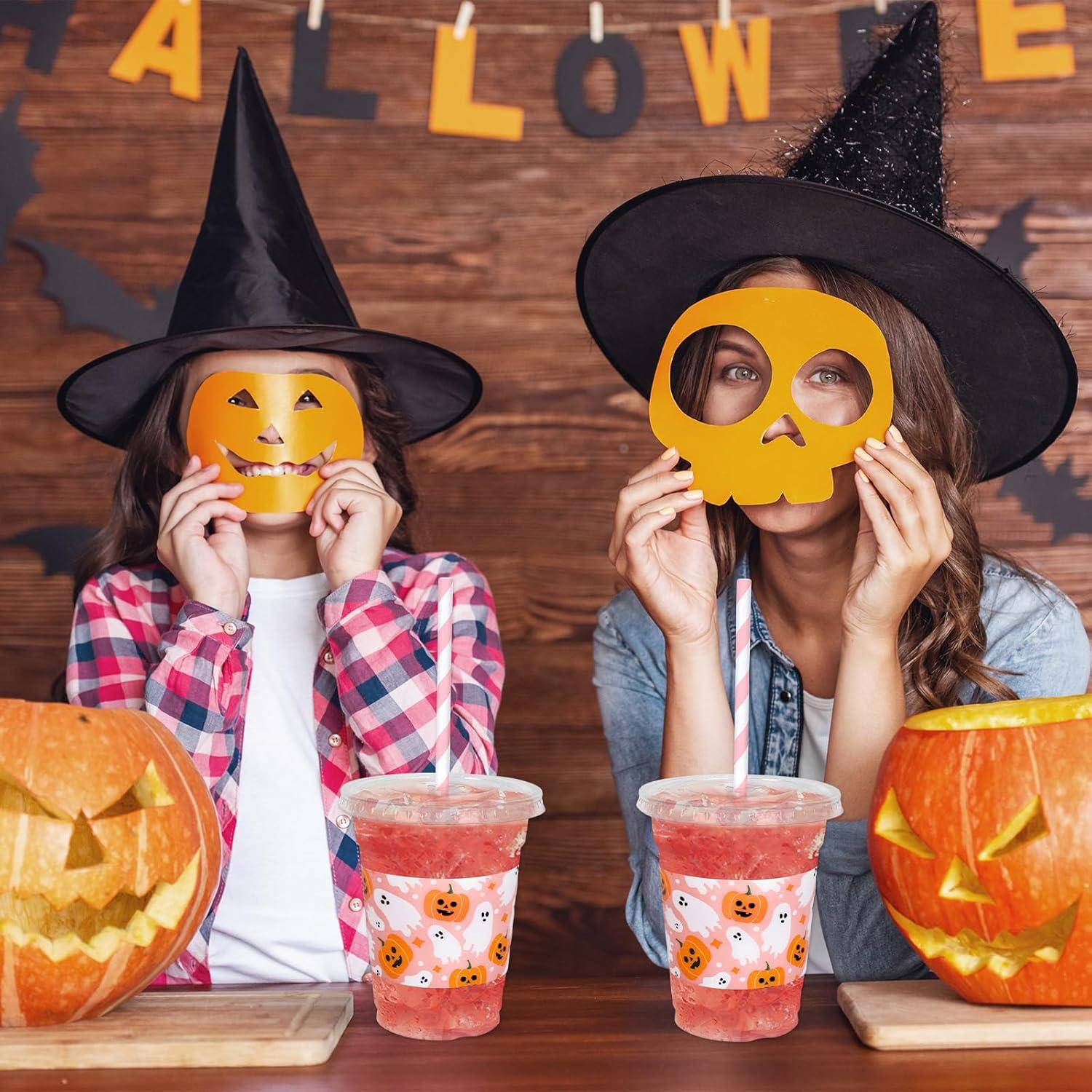 imageWhaline 50Pcs 12Oz Halloween Disposable Plastic Cups with Lids and Straws Black Gothic Sketch Skull Floral Cold Beverage Drinking Cups for Trick or Treat Party SuppliesPink Halloween