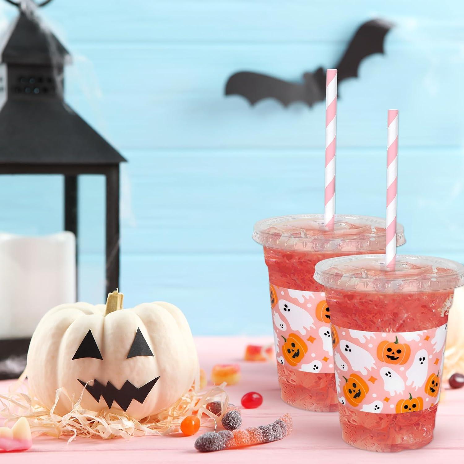 imageWhaline 50Pcs 12Oz Halloween Disposable Plastic Cups with Lids and Straws Black Gothic Sketch Skull Floral Cold Beverage Drinking Cups for Trick or Treat Party SuppliesPink Halloween