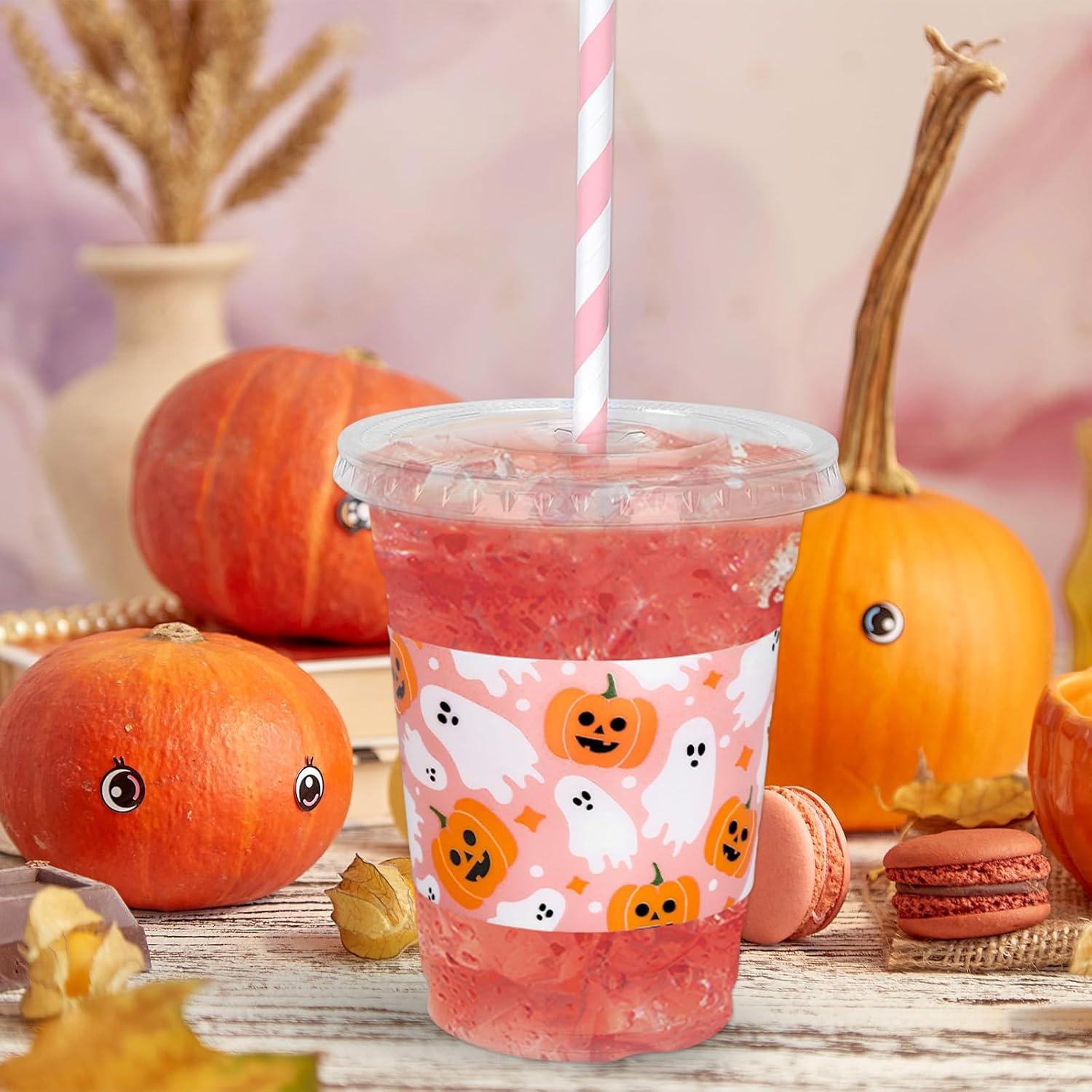 imageWhaline 50Pcs 12Oz Halloween Disposable Plastic Cups with Lids and Straws Black Gothic Sketch Skull Floral Cold Beverage Drinking Cups for Trick or Treat Party SuppliesPink Halloween