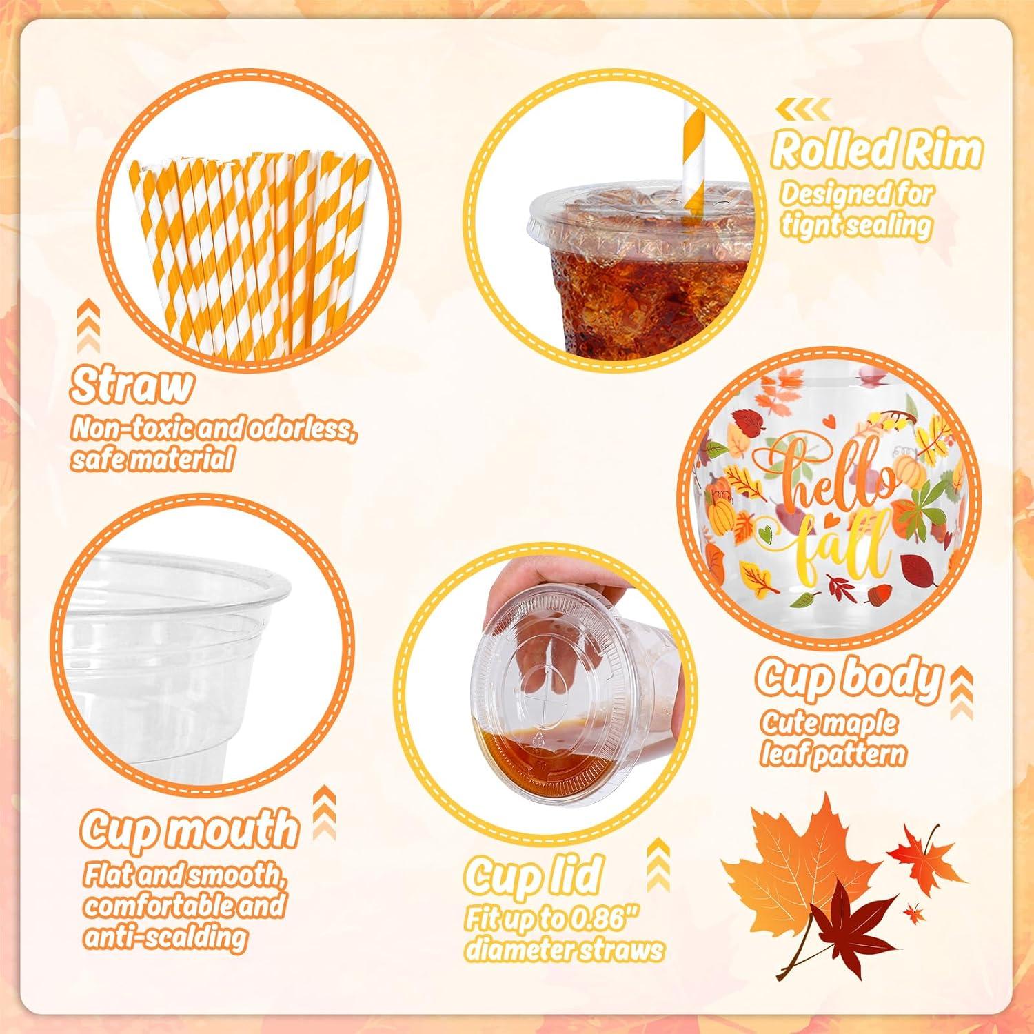 imageWhaline 50Pcs 12Oz Halloween Disposable Plastic Cups with Lids and Straws Black Gothic Sketch Skull Floral Cold Beverage Drinking Cups for Trick or Treat Party SuppliesHello Fall