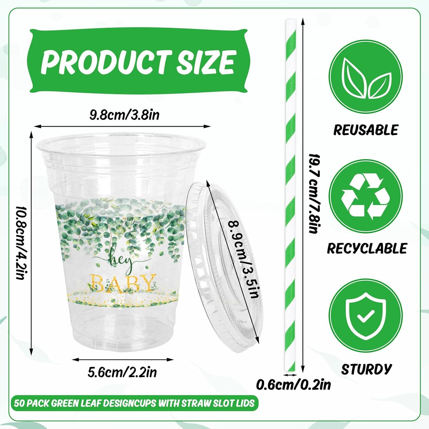 imageWhaline 50Pcs 12Oz Halloween Disposable Plastic Cups with Lids and Straws Black Gothic Sketch Skull Floral Cold Beverage Drinking Cups for Trick or Treat Party SuppliesGreen Leaves