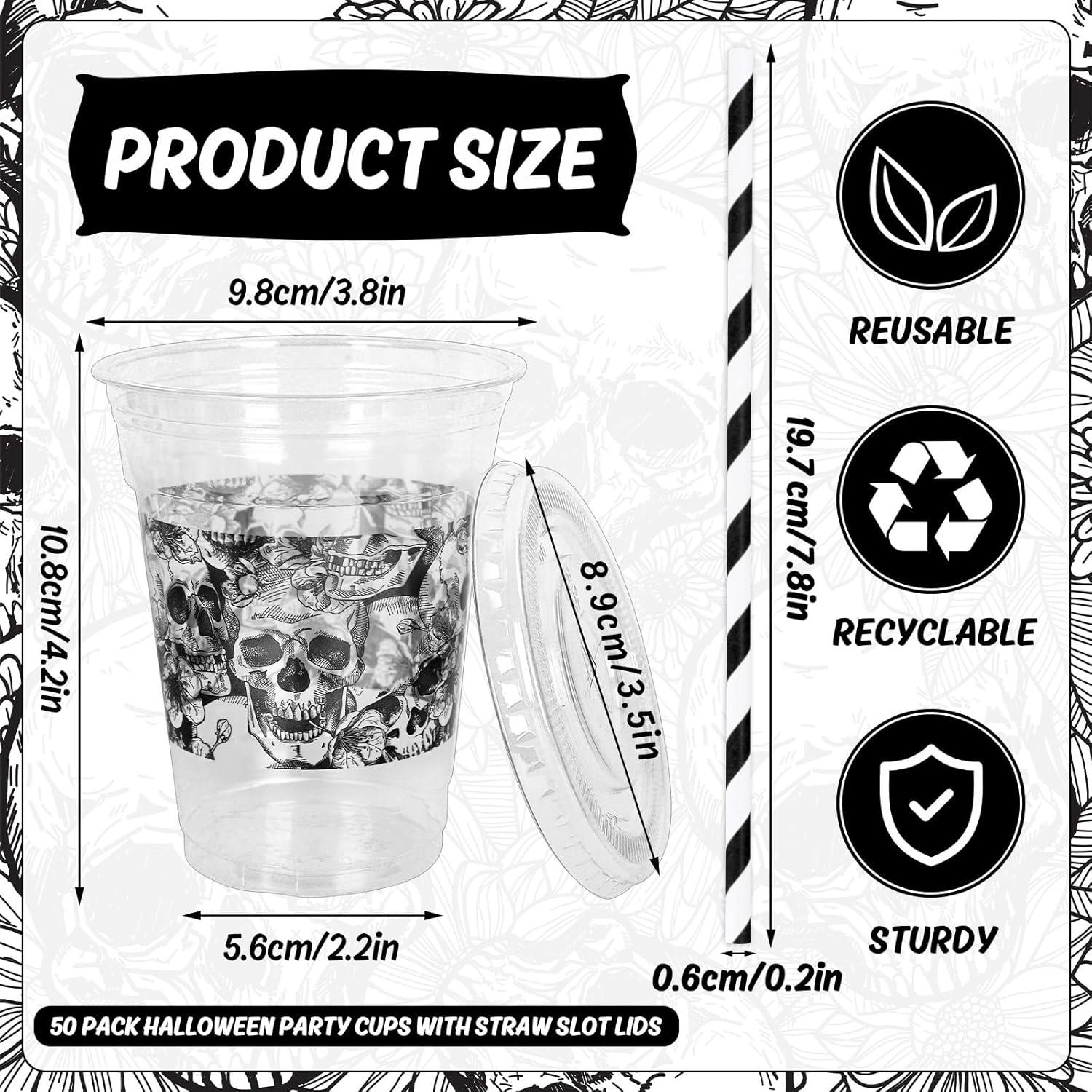 imageWhaline 50Pcs 12Oz Halloween Disposable Plastic Cups with Lids and Straws Black Gothic Sketch Skull Floral Cold Beverage Drinking Cups for Trick or Treat Party SuppliesSketch Skull