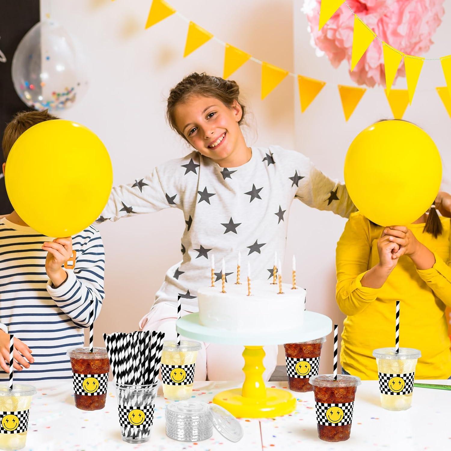 imageWhaline 50Pcs 12Oz Halloween Disposable Plastic Cups with Lids and Straws Black Gothic Sketch Skull Floral Cold Beverage Drinking Cups for Trick or Treat Party SuppliesCheckered Smile