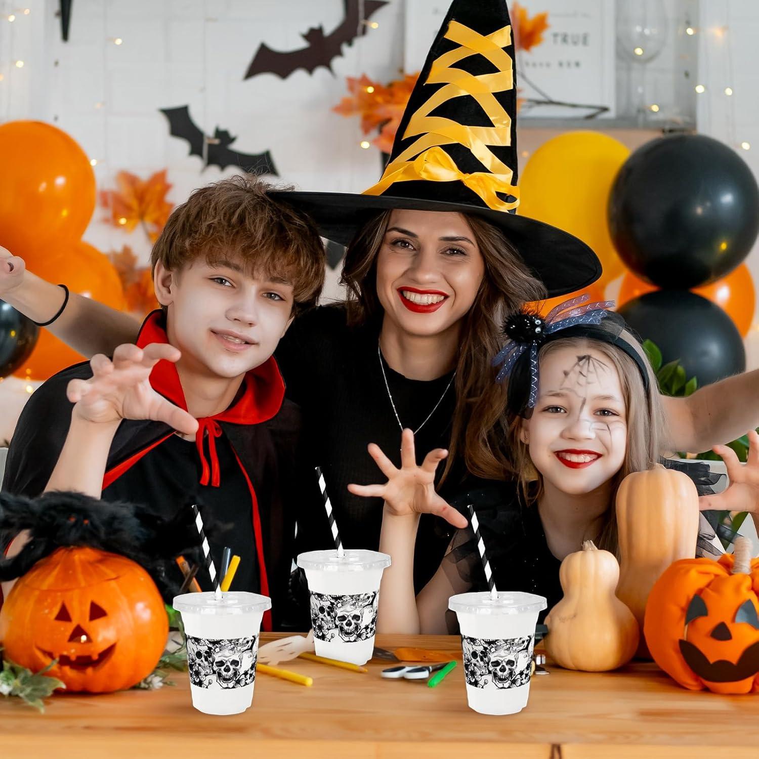 imageWhaline 50Pcs 12Oz Halloween Disposable Plastic Cups with Lids and Straws Black Gothic Sketch Skull Floral Cold Beverage Drinking Cups for Trick or Treat Party SuppliesSketch Skull