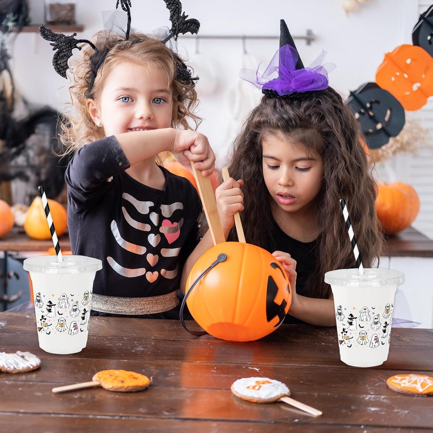 imageWhaline 50Pcs 12Oz Halloween Disposable Plastic Cups with Lids and Straws Black Gothic Sketch Skull Floral Cold Beverage Drinking Cups for Trick or Treat Party SuppliesGhost Reading