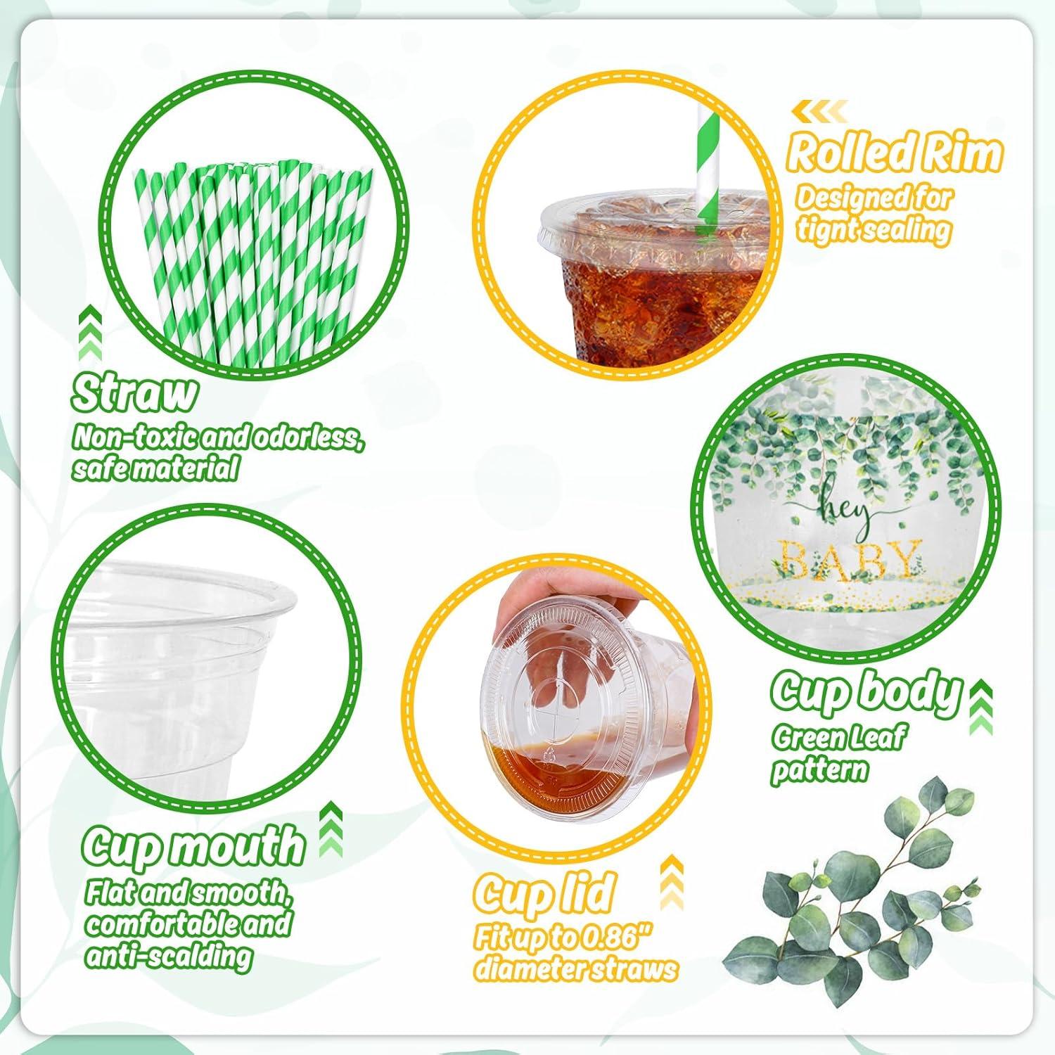 imageWhaline 50Pcs 12Oz Halloween Disposable Plastic Cups with Lids and Straws Black Gothic Sketch Skull Floral Cold Beverage Drinking Cups for Trick or Treat Party SuppliesGreen Leaves