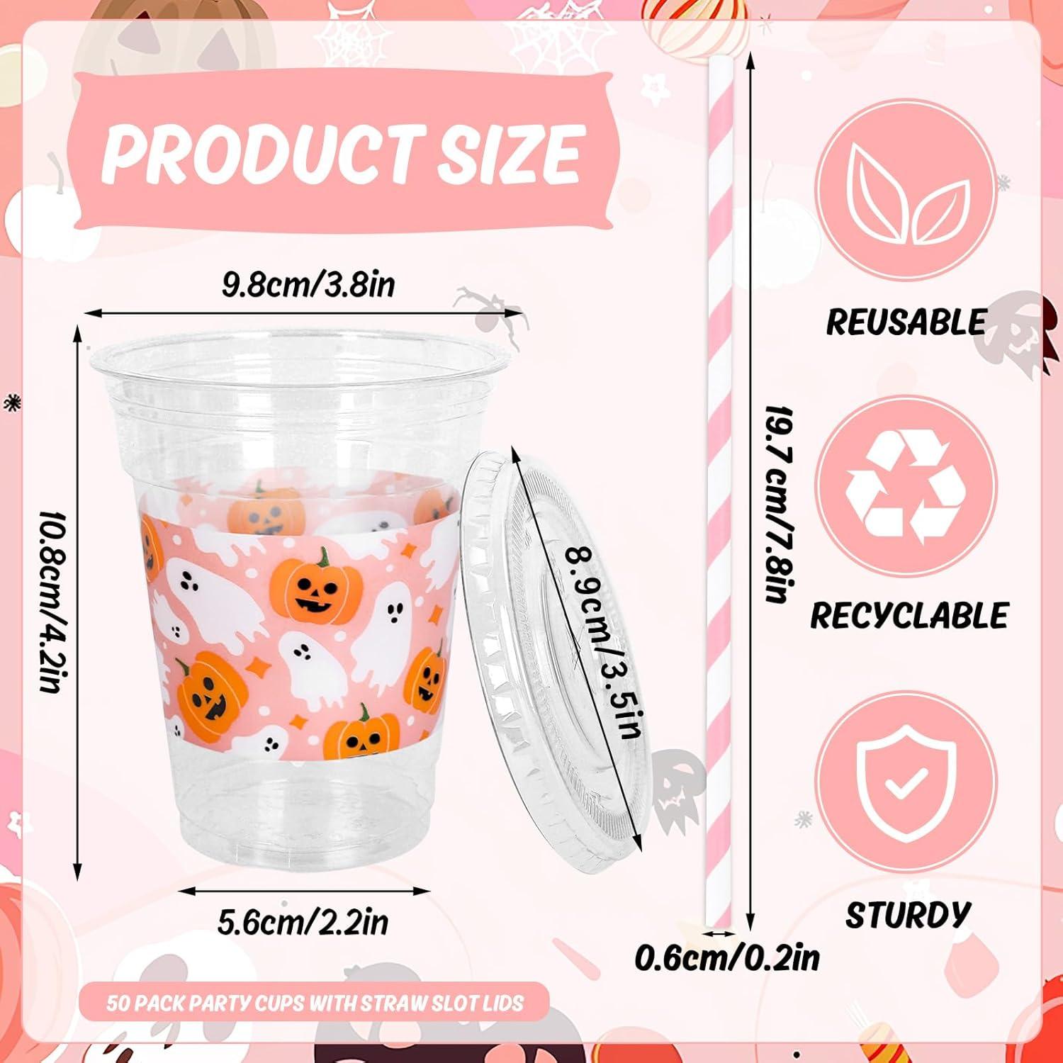 imageWhaline 50Pcs 12Oz Halloween Disposable Plastic Cups with Lids and Straws Black Gothic Sketch Skull Floral Cold Beverage Drinking Cups for Trick or Treat Party SuppliesPink Halloween