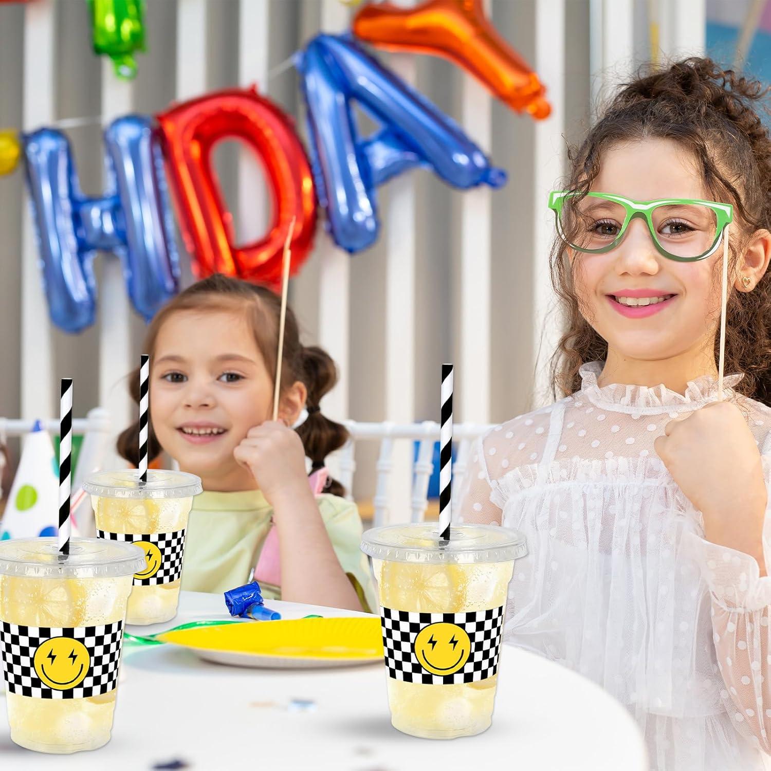 imageWhaline 50Pcs 12Oz Halloween Disposable Plastic Cups with Lids and Straws Black Gothic Sketch Skull Floral Cold Beverage Drinking Cups for Trick or Treat Party SuppliesCheckered Smile