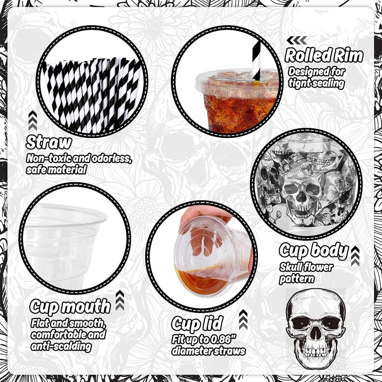 imageWhaline 50Pcs 12Oz Halloween Disposable Plastic Cups with Lids and Straws Black Gothic Sketch Skull Floral Cold Beverage Drinking Cups for Trick or Treat Party SuppliesSketch Skull