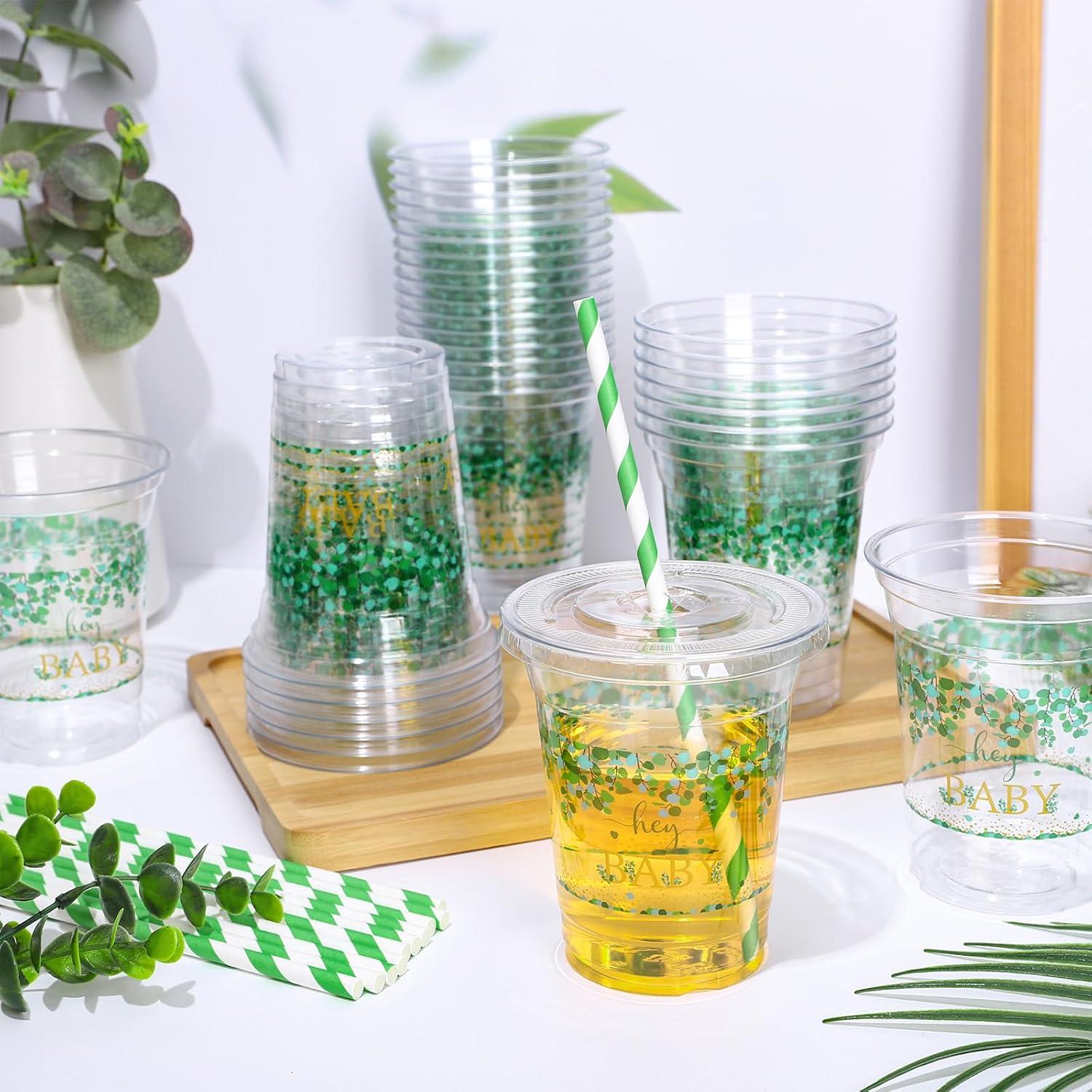 imageWhaline 50Pcs 12Oz Halloween Disposable Plastic Cups with Lids and Straws Black Gothic Sketch Skull Floral Cold Beverage Drinking Cups for Trick or Treat Party SuppliesGreen Leaves