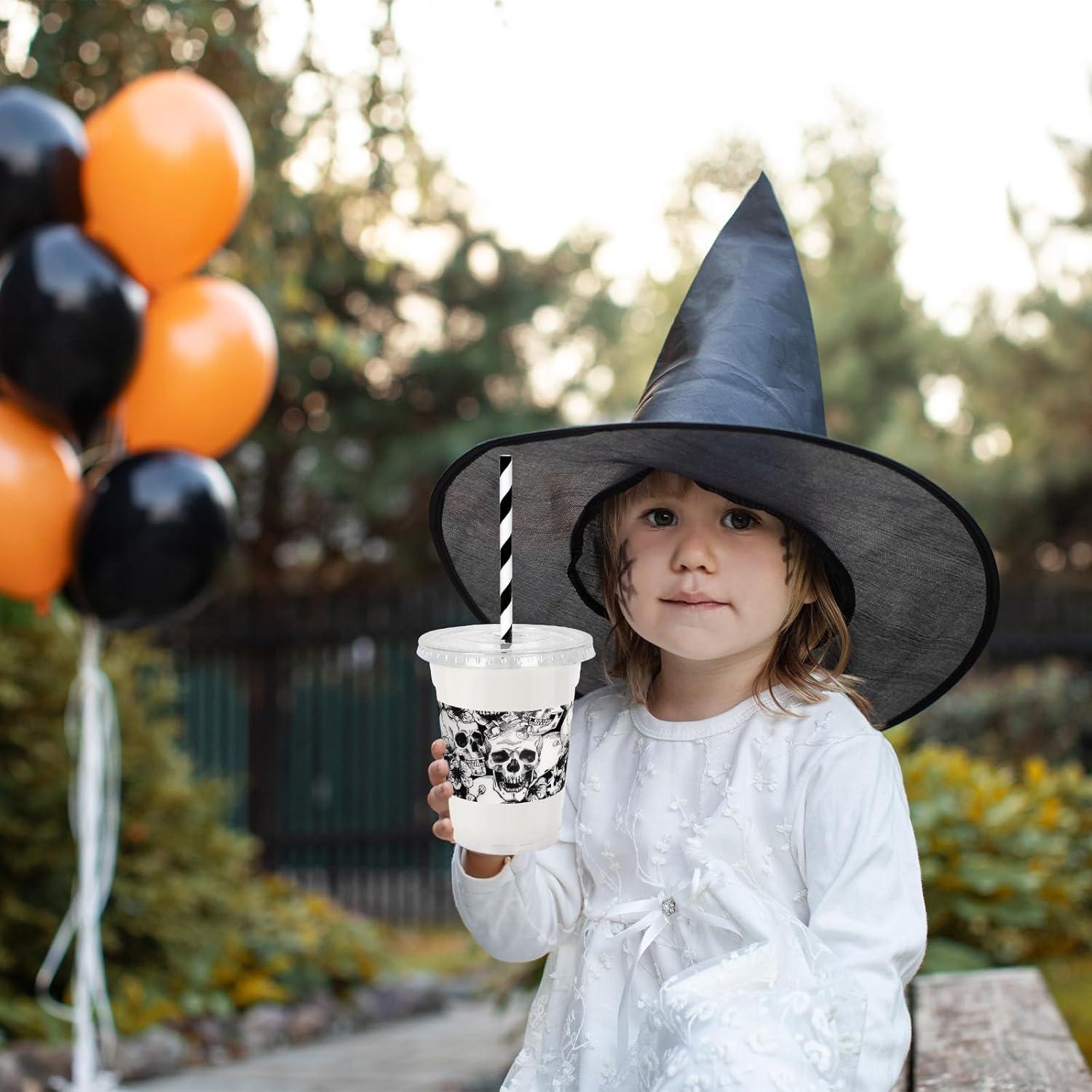 imageWhaline 50Pcs 12Oz Halloween Disposable Plastic Cups with Lids and Straws Black Gothic Sketch Skull Floral Cold Beverage Drinking Cups for Trick or Treat Party SuppliesSketch Skull