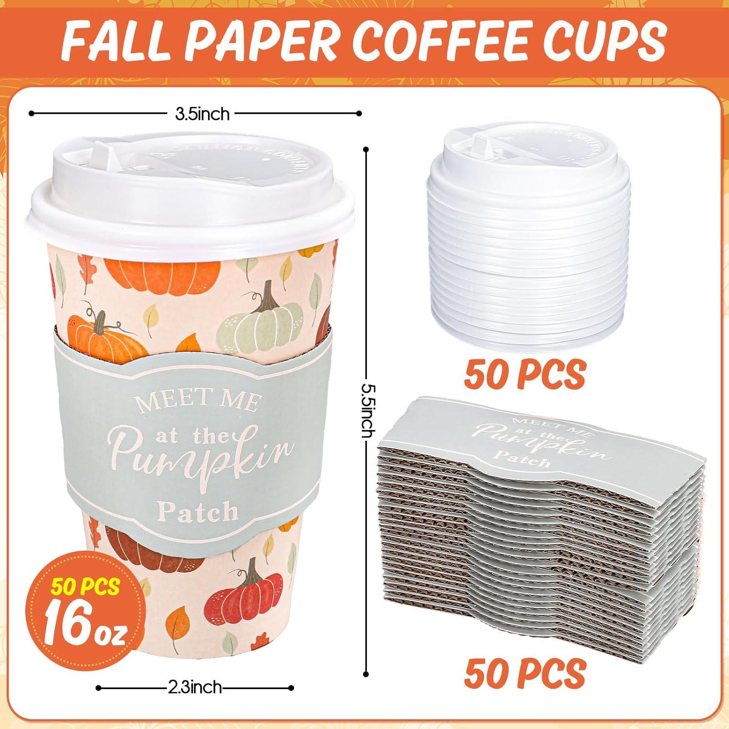 imageWhaline 50Pcs Fall Thanksgiving Disposable Coffee Cups with Lids and Sleeves Maple Pumpkin Paper Drinking Cups for Autumn Restaurant Travel Business Supplies 2 StylesFall Thanksgiving